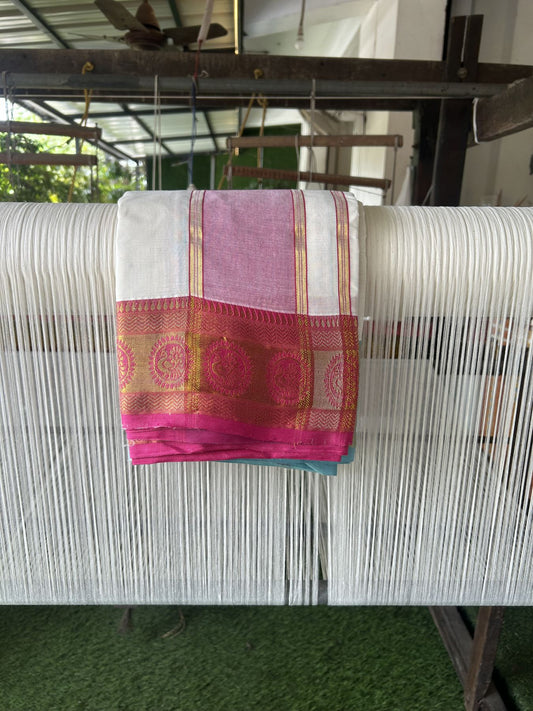 Panchakacham Dhoti - 20% Discount! Kaitharikada Balaramapuram Cotton Mix - Off White - (Unbleached) 80X90 thread - North Iindian- Attached Gamcha - 9x5 Dhoti - 4 inch Gold kasav & Pink Striped kara - 56 KK8305 PMC