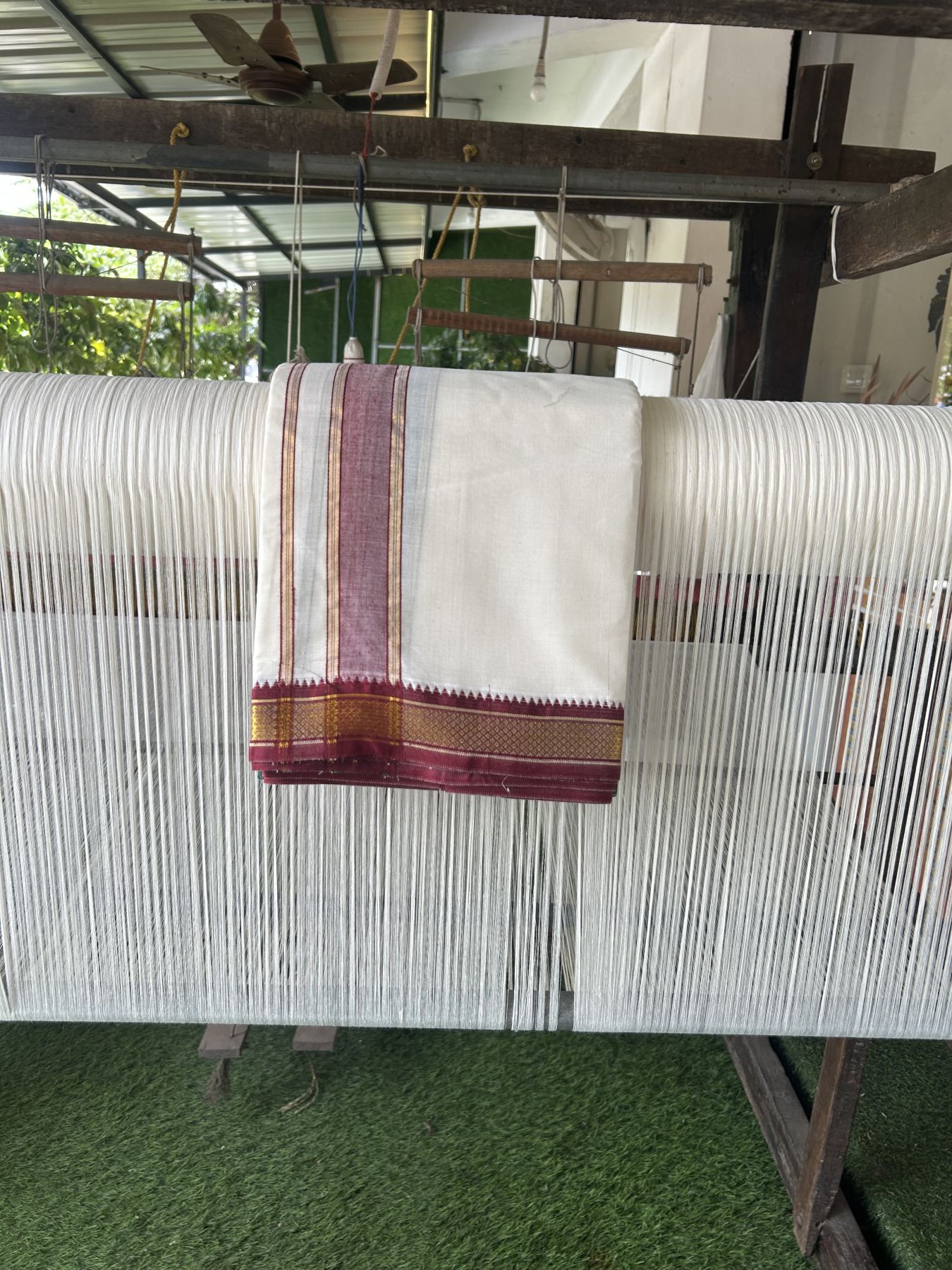 Panchakacham Dhoti - 20% Discount! Kaitharikada Balaramapuram Cotton Mix - Off White - (Unbleached) 80X90 thread - North Iindian- Attached Gamcha - 9x5 Dhoti - 1.75 inch Gold kasav & Maroon Striped kara - 55 KK8305 PMC