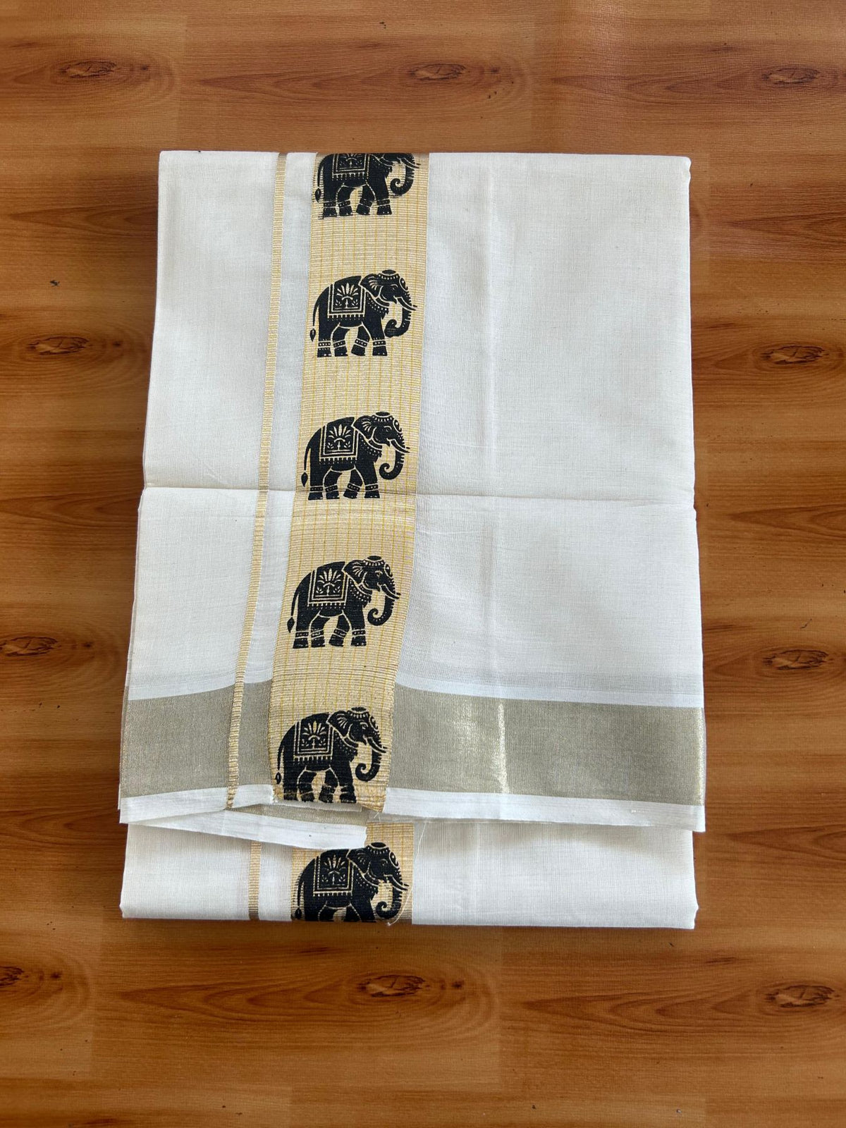 Double Off White (Unbleached) Mundu/Dhoti - 20% Discount! KaithariKada Pulimood 100% Cotton 80x72 - 2 inch Gold Kasav & Black Elephant Printed Design Kara - 4 mtr (8.5 muzham) - 68 KK5553 STH