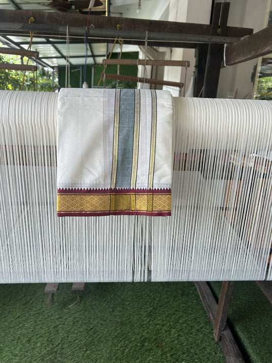 Panchakacham Dhoti - 20% Discount! Kaitharikada Balaramapuram Cotton Mix - Off White - (Unbleached) 80X90 thread - North Iindian- Attached Gamcha - 9x5 Dhoti - 2 inch Gold kasav & Green Striped kara - 54 KK8305 PMC