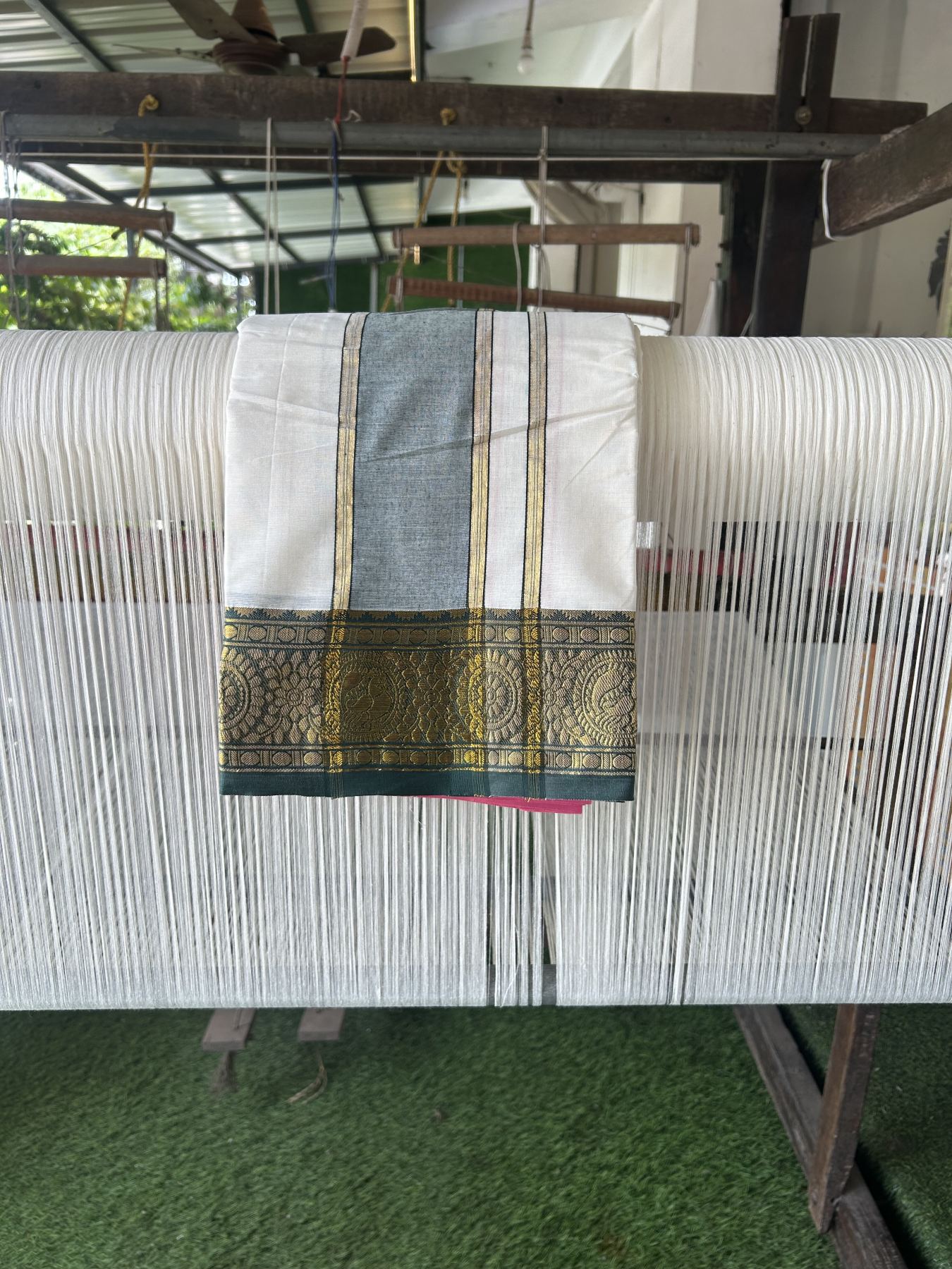 Panchakacham Dhoti - 20% Discount! Kaitharikada Balaramapuram Cotton Mix - Off White - (Unbleached) 80X90 thread - North Iindian- Attached Gamcha - 9x5 Dhoti - 3.25 inch Gold kasav & Green kara - 53 KK8305 PMC