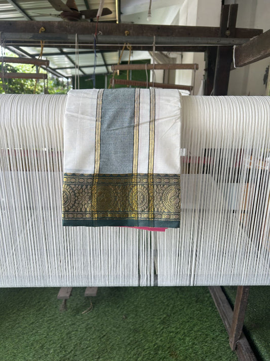 Panchakacham Dhoti - 20% Discount! Kaitharikada Balaramapuram Cotton Mix - Off White - (Unbleached) 80X90 thread - North Iindian- Attached Gamcha - 9x5 Dhoti - 3.25 inch Gold kasav & Green kara - 53 KK8305 PMC