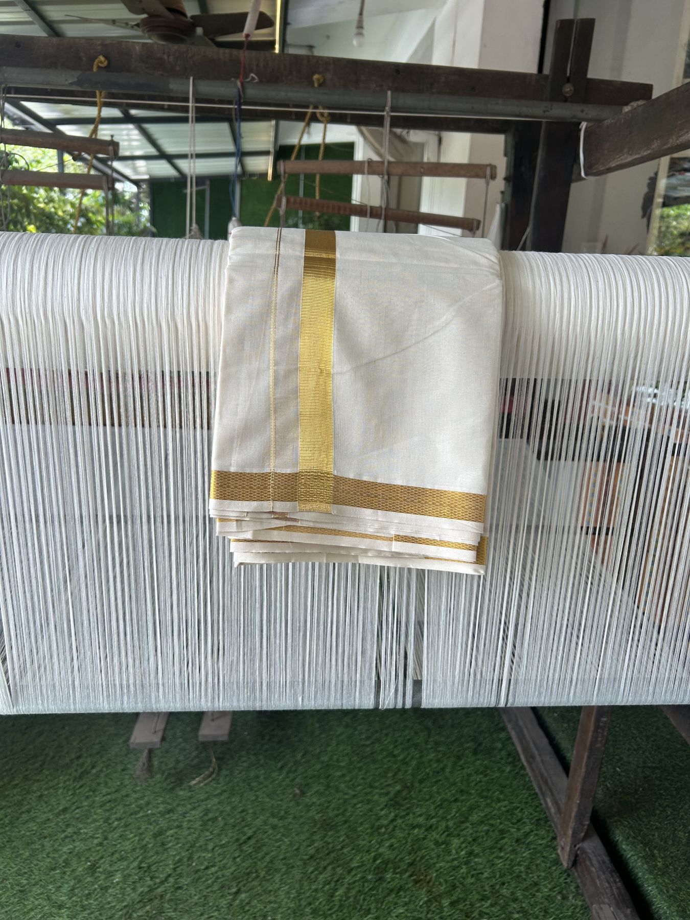 Panchakacham Dhoti - 20% Discount! Kaitharikada Balaramapuram Cotton Mix - Off White - (Unbleached) 80X90 thread - North Iindian- Attached Gamcha - 9x5 Dhoti - 1 inch Gold kasav  kara - 52 KK8305 PMC