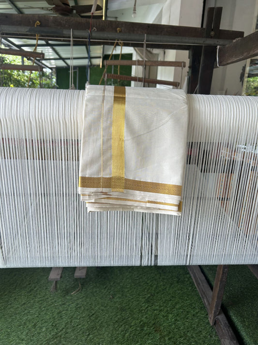 Panchakacham Dhoti - 20% Discount! Kaitharikada Balaramapuram Cotton Mix - Off White - (Unbleached) 80X90 thread - North Iindian- Attached Gamcha - 9x5 Dhoti - 1 inch Gold kasav  kara - 52 KK8305 PMC