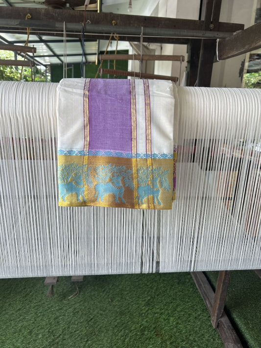 Panchakacham Dhoti - 20% Discount! Kaitharikada Balaramapuram Cotton Mix - Off White - (Unbleached) 80X90 thread - North Iindian- Attached Gamcha - 9x5 Dhoti - 4 inch Gold kasav & Light Violet Striped kara - 51 KK8305 PMC