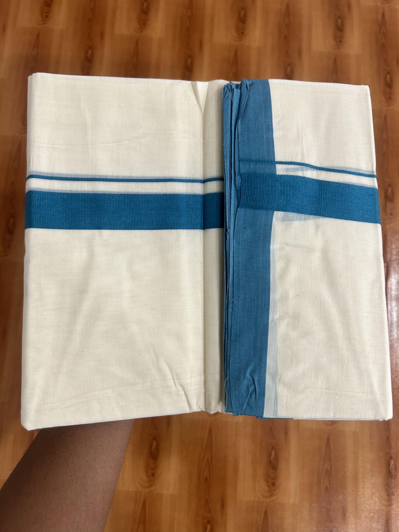 Double Off white (Unbleached)Mundu/Dhoti - 20% Discount KaithariKada Balaramapuram 100% Cotton - 100x100 - 1 inch Peacock Blue Kara - 15 KK5392 ASH