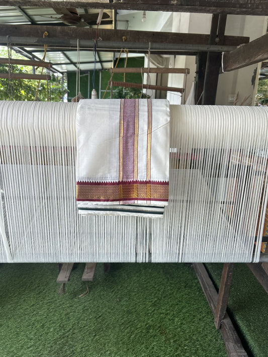 Panchakacham Dhoti - 20% Discount! Kaitharikada Balaramapuram Cotton Mix - Off White - (Unbleached) 80X90 thread - North Iindian- Attached Gamcha - 9x5 Dhoti - 1.5 inch Gold kasav Light Maroon Striped kara - 50 KK8305 PMC