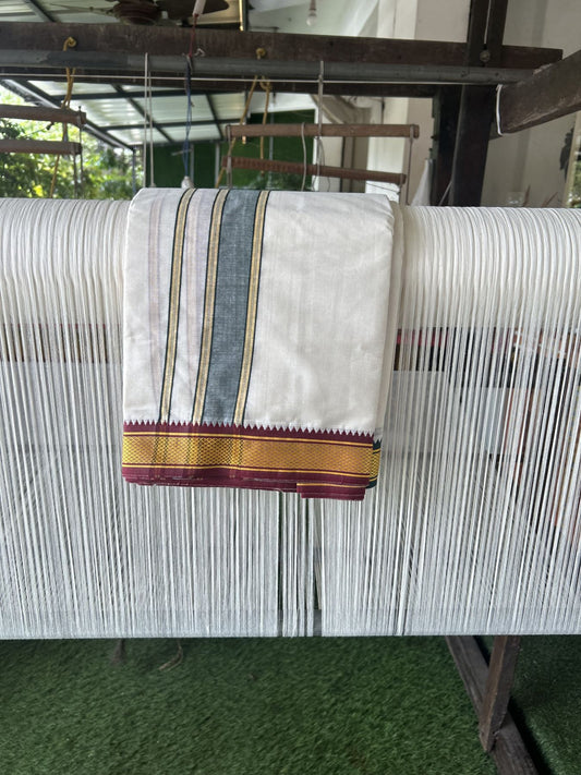 Panchakacham Dhoti - 20% Discount! Kaitharikada Balaramapuram Cotton Mix - Off White - (Unbleached) 80X90 thread - North Iindian- Attached Gamcha - 9x5 Dhoti - 2 inch Gold kasav Green & Yellow Striped kara - 49 KK8305 PMC