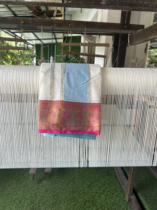 Panchakacham Dhoti - 20% Discount! Kaitharikada Balaramapuram Cotton Mix - Off White - (Unbleached) 80X90 thread - North Iindian- Attached Gamcha - 9x5 Dhoti - 4.5 inch Gold kasav Pink & Blue Design kara - 48 KK8305 PMC