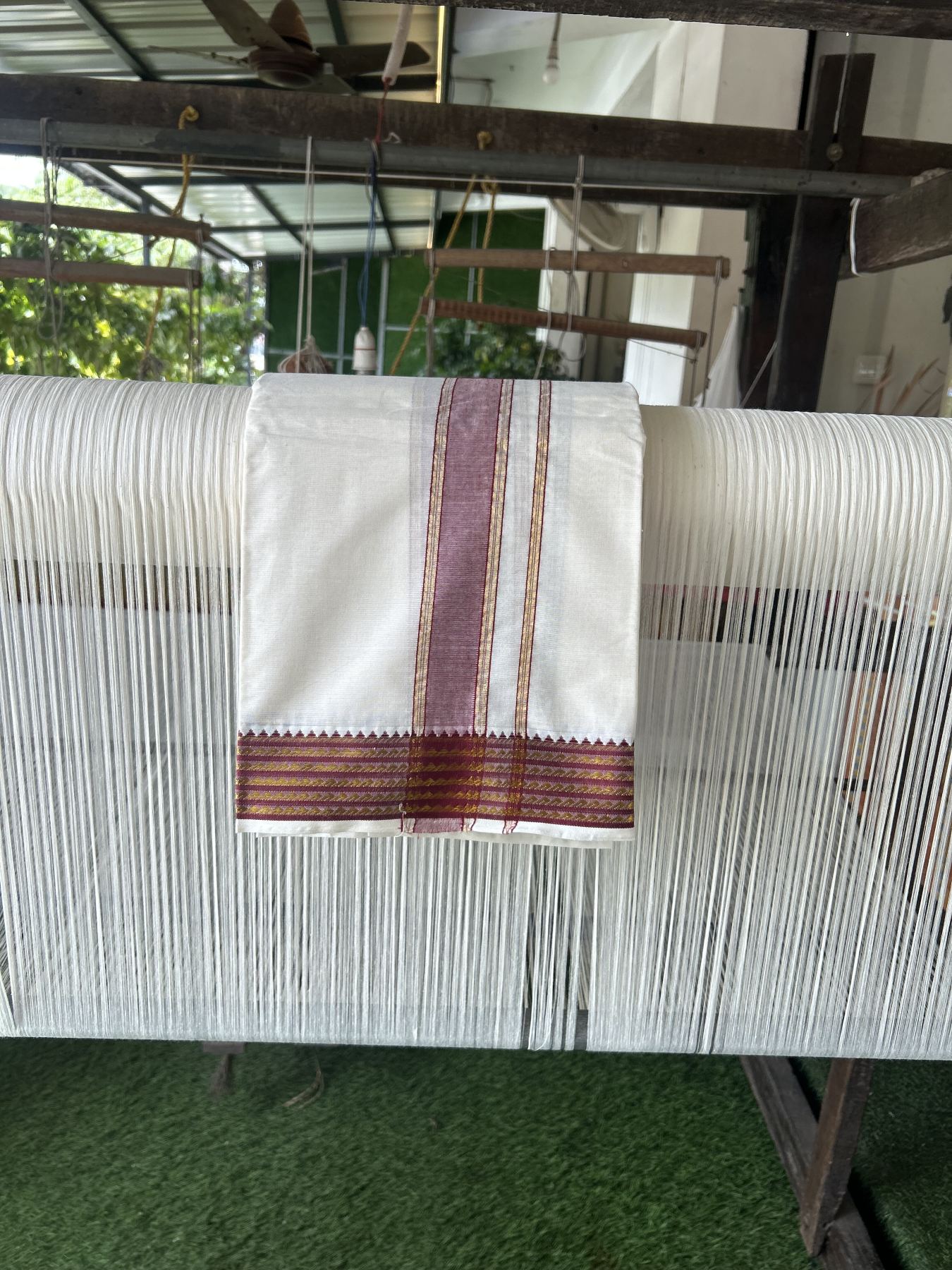 Panchakacham Dhoti - 20% Discount! Kaitharikada Balaramapuram Cotton Mix - Off White - (Unbleached) 80X90 thread - North Iindian- Attached Gamcha - 9x5 Dhoti - 2 inch Gold kasav Maroon & Green Striped Design kara - 47 KK8305 PMC
