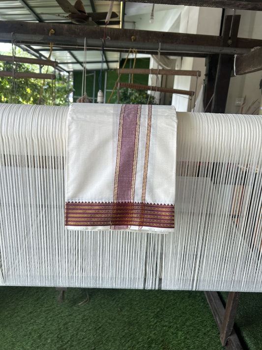 Panchakacham Dhoti - 20% Discount! Kaitharikada Balaramapuram Cotton Mix - Off White - (Unbleached) 80X90 thread - North Iindian- Attached Gamcha - 9x5 Dhoti - 2 inch Gold kasav Maroon & Green Striped Design kara - 47 KK8305 PMC