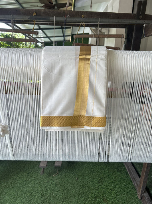 Panchakacham Dhoti - 20% Discount! Kaitharikada Balaramapuram Cotton Mix Off White - (Unbleached) 80X90 thread - North Iindian- Attached Gamcha - 9X5 Dhoti - 1.75 inch Gold Kasav kara - 21 KK8305 PMC