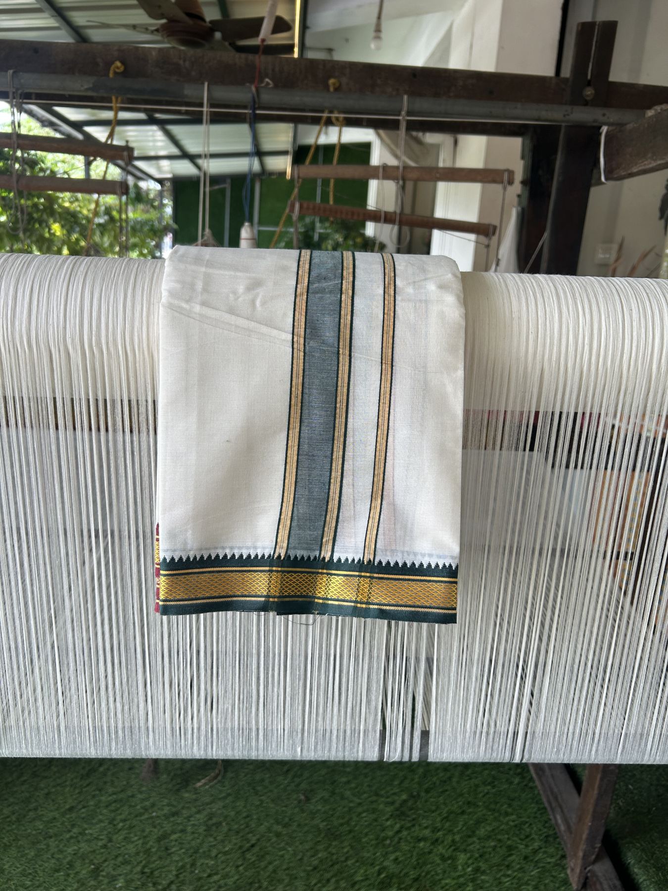Panchakacham Dhoti - 20% Discount! Kaitharikada Balaramapuram Cotton Mix - Off White - (Unbleached) 80X90 thread - North Iindian- Attached Gamcha - 9x5 Dhoti - 1.75 inch Yellow & Green shaded kara - 37 KK8305 PMC