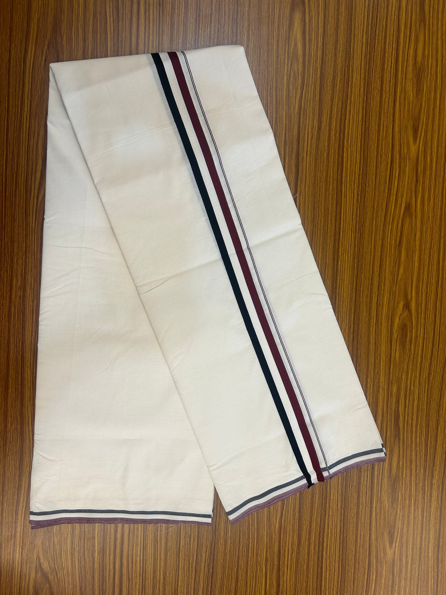 Admk Veshti - 20% Discount KaithariKada 100% Cotton Off White Single - (Unbleached) Mundu/Dhoti - Twisted 100s Thread - 1.5 inch Black White & Maroon kara - 19 KK5378 ASH