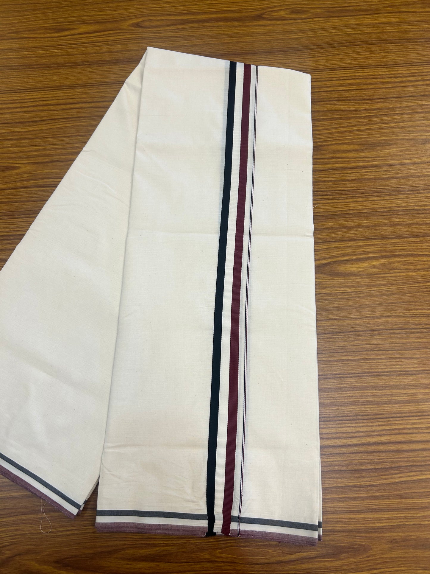 Admk Veshti - 20% Discount KaithariKada 100% Cotton Off White Single - (Unbleached) Mundu/Dhoti - Twisted 100s Thread - 1.5 inch Black White & Maroon kara - 19 KK5378 ASH