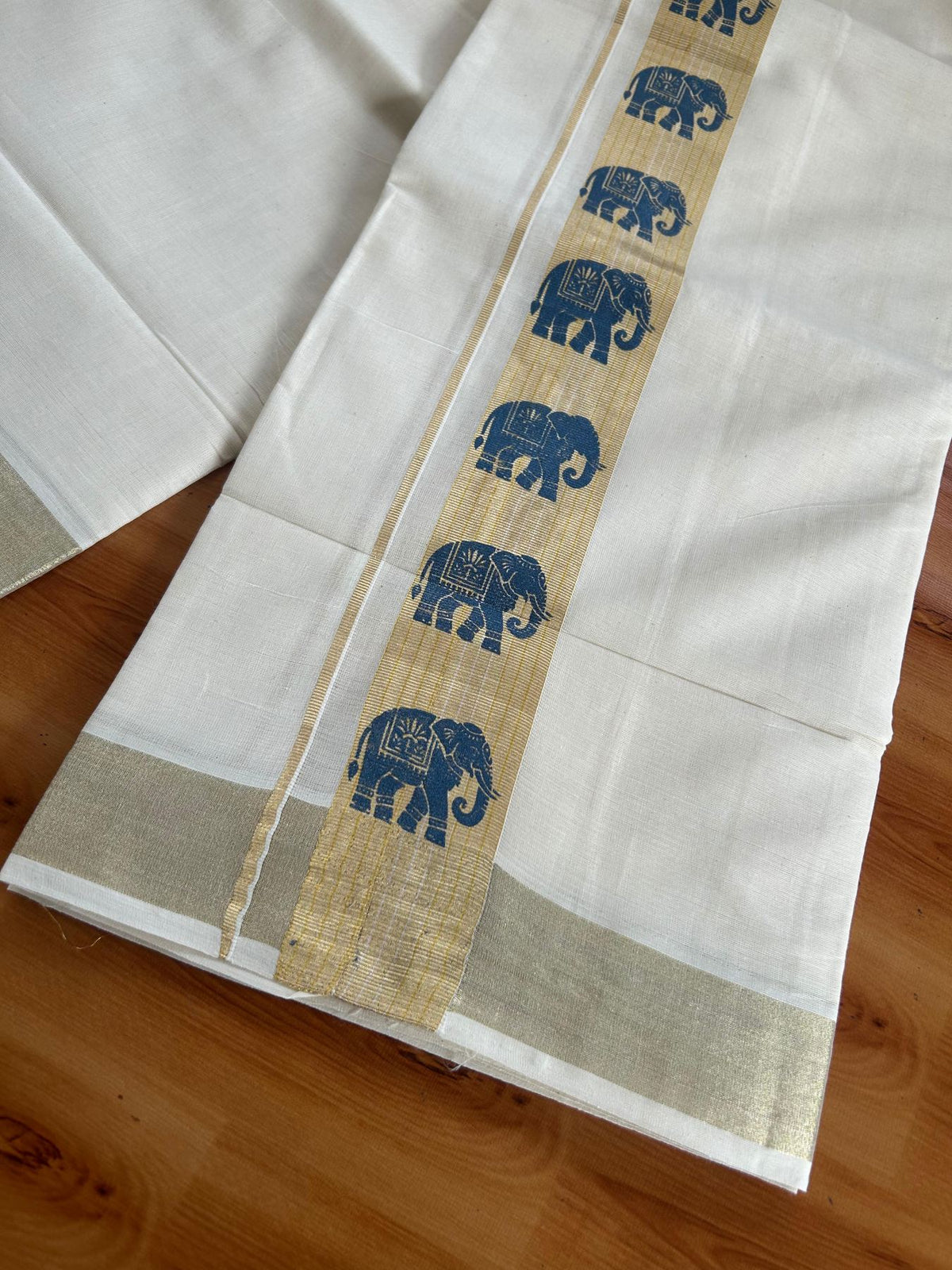 Double Off White (Unbleached) Mundu/Dhoti - 20% Discount! KaithariKada Pulimood 100% Cotton 80x72 - 2 inch Gold Kasav & Dark Blue Elephant Printed Design Kara - 4 mtr (8.5 muzham) - 70 KK5553 STH