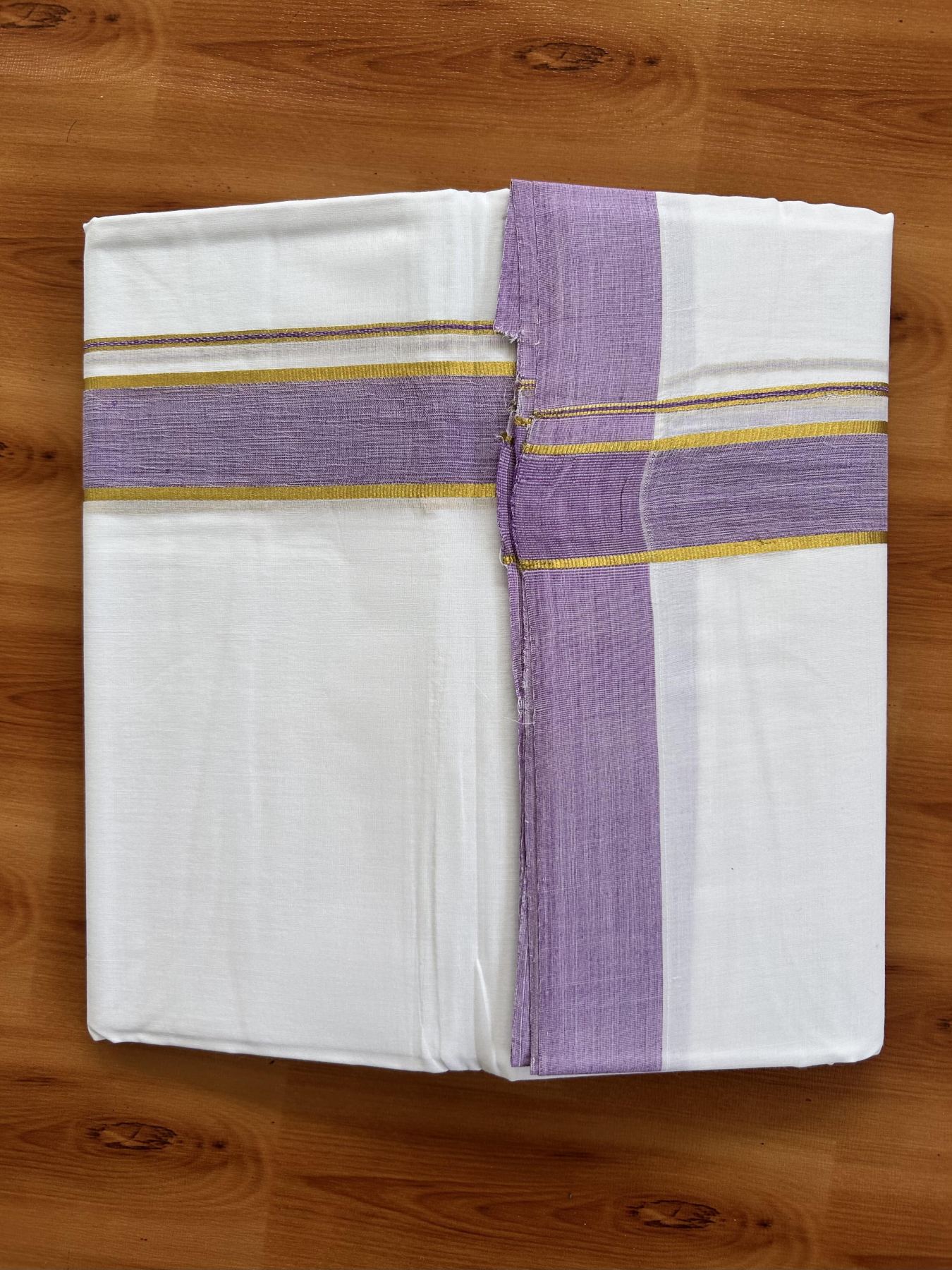 Double Pure White Mundu/Dhoti  - 25% Discount ! KaithariKada Handloom Unakkupaav - Kerala Handloom - 100% Pure Cotton - 2/120x80 - 1.25 inch Gold Kasav & Lavendar Shaded Striped Kara 4 mtr (8.5 Muzham) - 37 KK5438 YAR