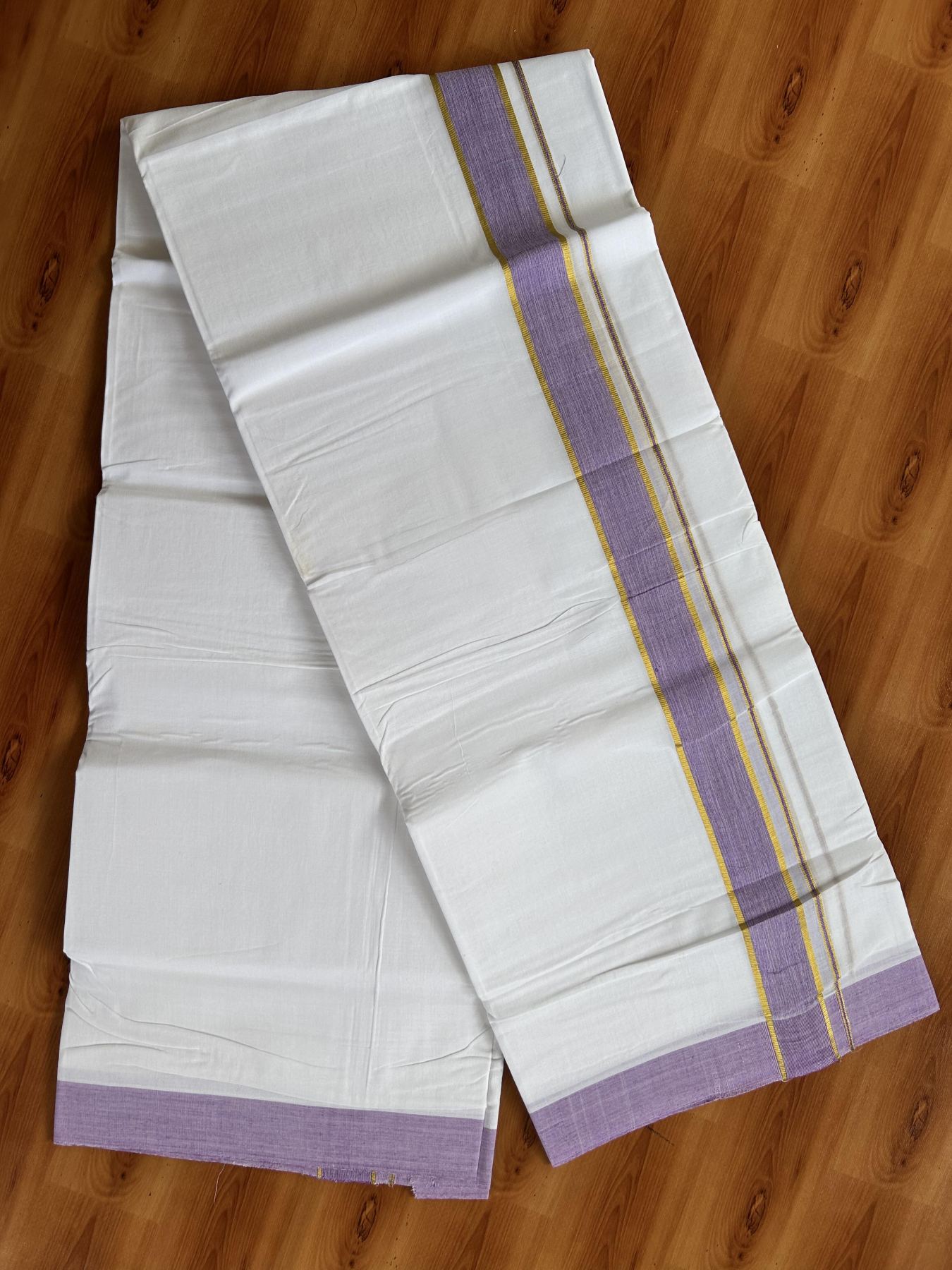 Double Pure White Mundu/Dhoti  - 25% Discount ! KaithariKada Handloom Unakkupaav - Kerala Handloom - 100% Pure Cotton - 2/120x80 - 1.25 inch Gold Kasav & Lavendar Shaded Striped Kara 4 mtr (8.5 Muzham) - 37 KK5438 YAR