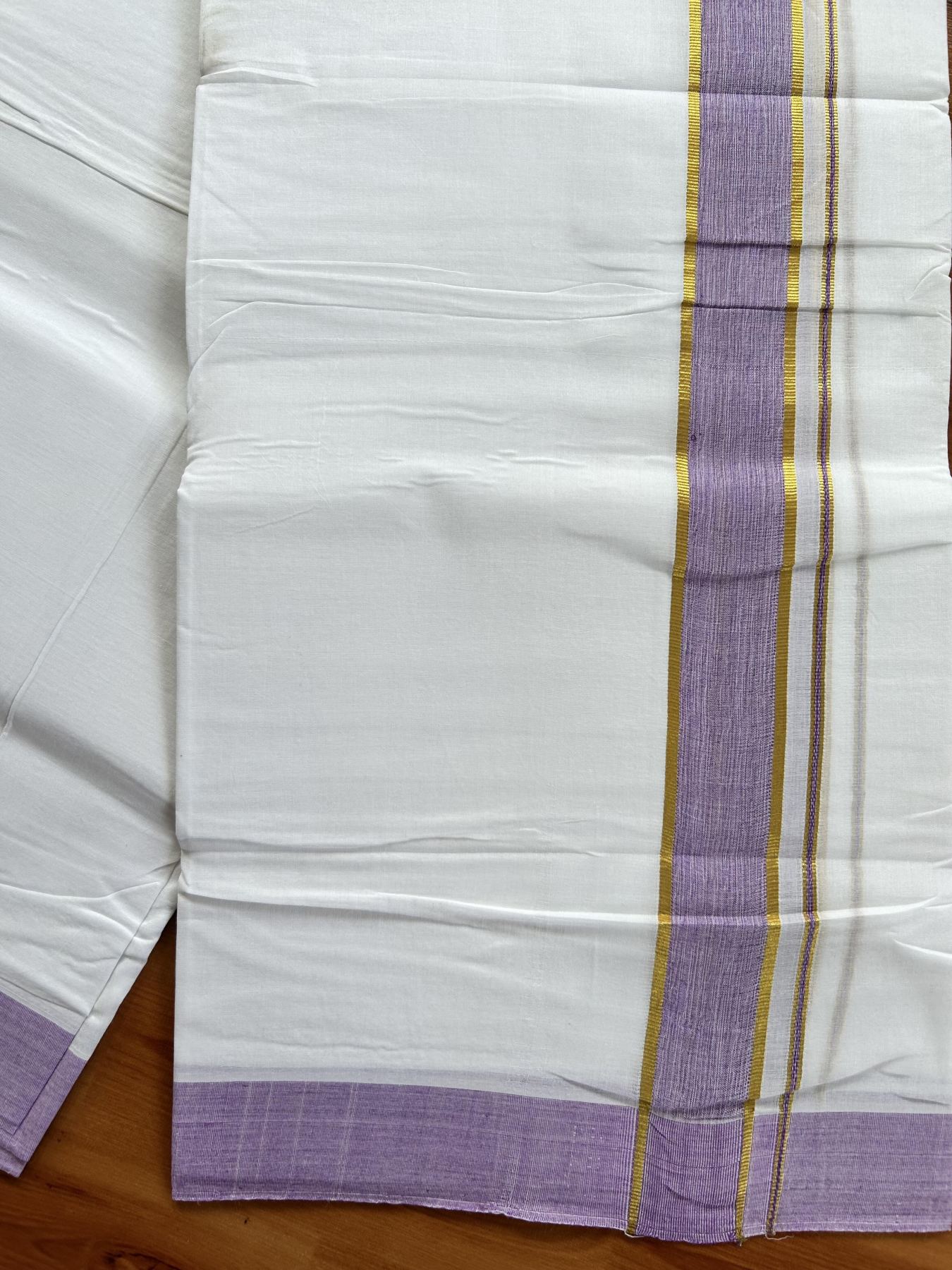 Double Pure White Mundu/Dhoti  - 25% Discount ! KaithariKada Handloom Unakkupaav - Kerala Handloom - 100% Pure Cotton - 2/120x80 - 1.25 inch Gold Kasav & Lavendar Shaded Striped Kara 4 mtr (8.5 Muzham) - 37 KK5438 YAR