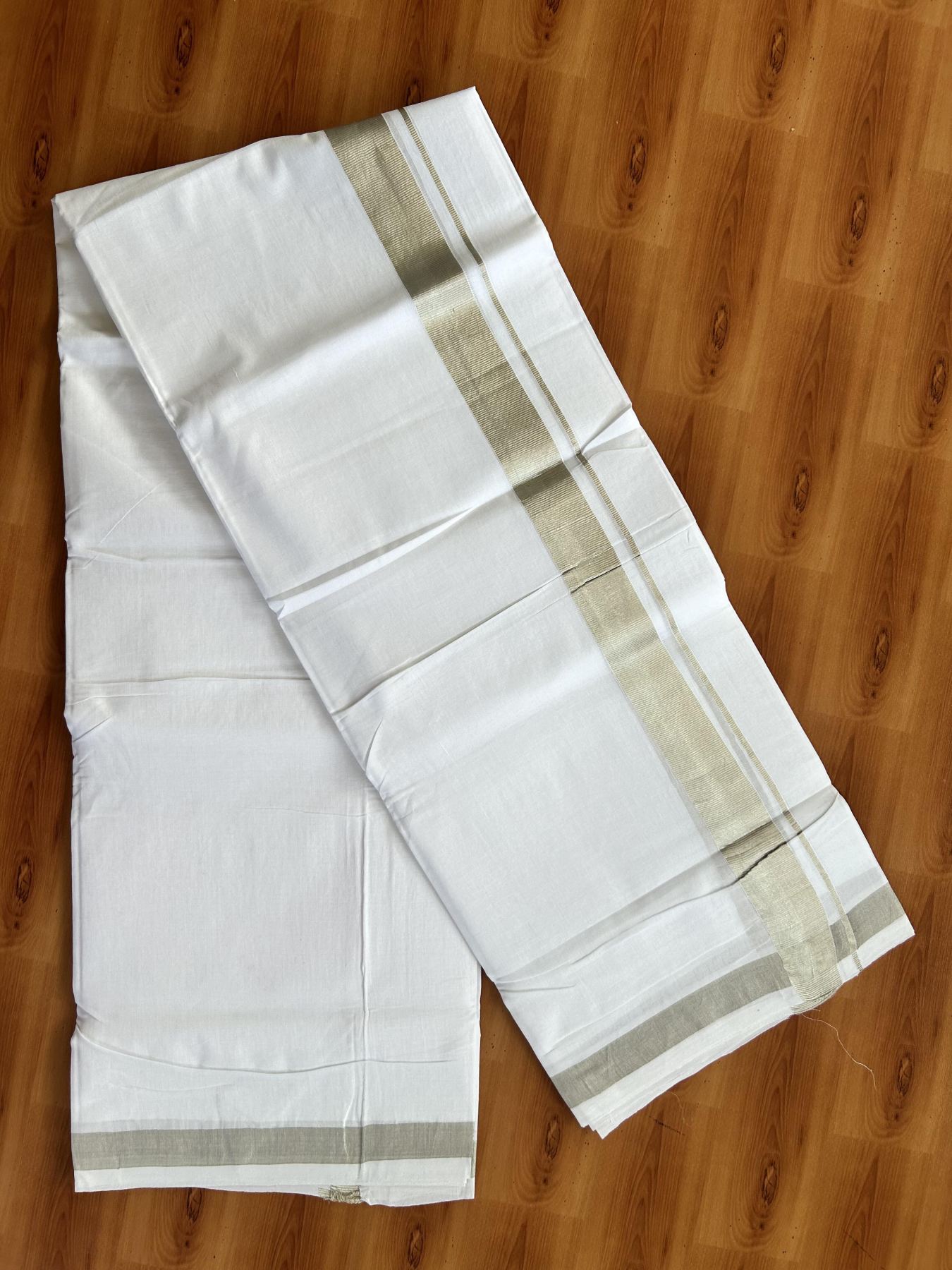 Double Pure White Mundu/Dhoti- 25% Discount ! KaithariKada Handloom Unakkupaavu - Kerala Handloom - 100% Pure Cotton - 2/120x80 - 1.5 Inch Silver Kasav Kara 4 mtr (8.5 Muzham) - 36 KK5438 YAR