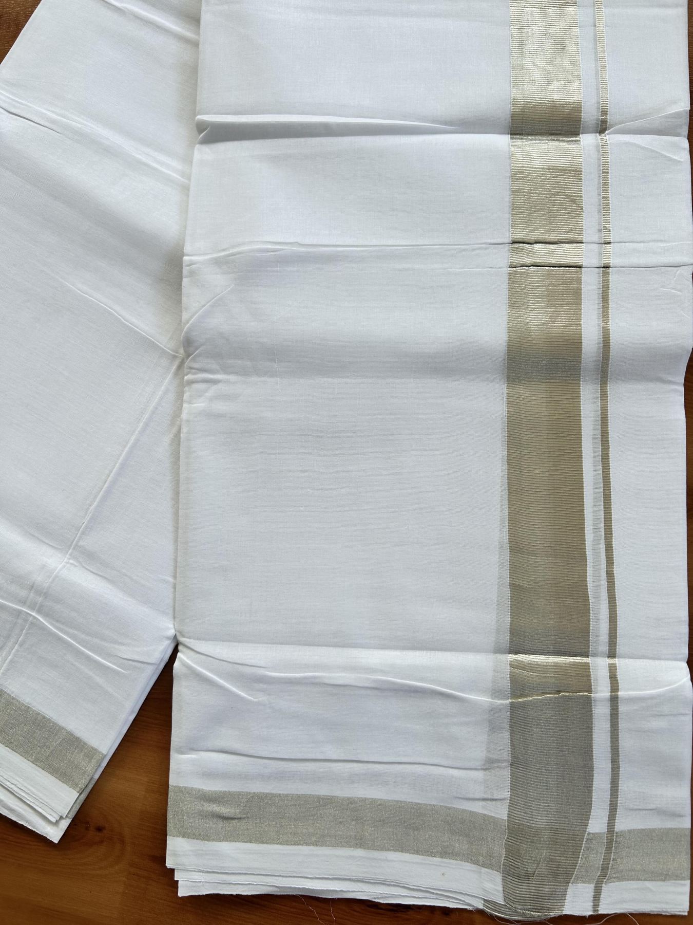 Double Pure White Mundu/Dhoti- 25% Discount ! KaithariKada Handloom Unakkupaavu - Kerala Handloom - 100% Pure Cotton - 2/120x80 - 1.5 Inch Silver Kasav Kara 4 mtr (8.5 Muzham) - 36 KK5438 YAR