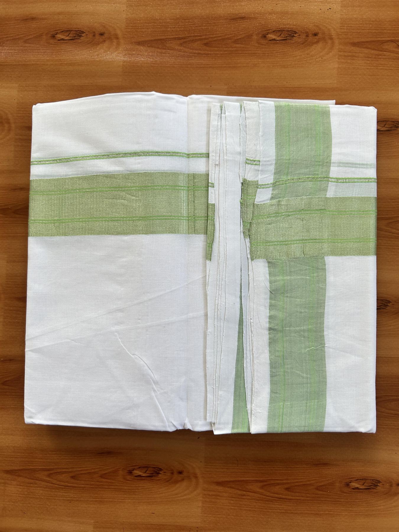 Double Pure White Mundu/Dhoti- 25% Discount ! KaithariKada Handloom Unakkupaavu - Kerala Handloom - 100% Pure Cotton - 2/120x80 - 2 Inch Silver Kasav Shaded & Pista Green Striped Kara 4 mtr (8.5 Muzham) - 35 KK5438 YAR