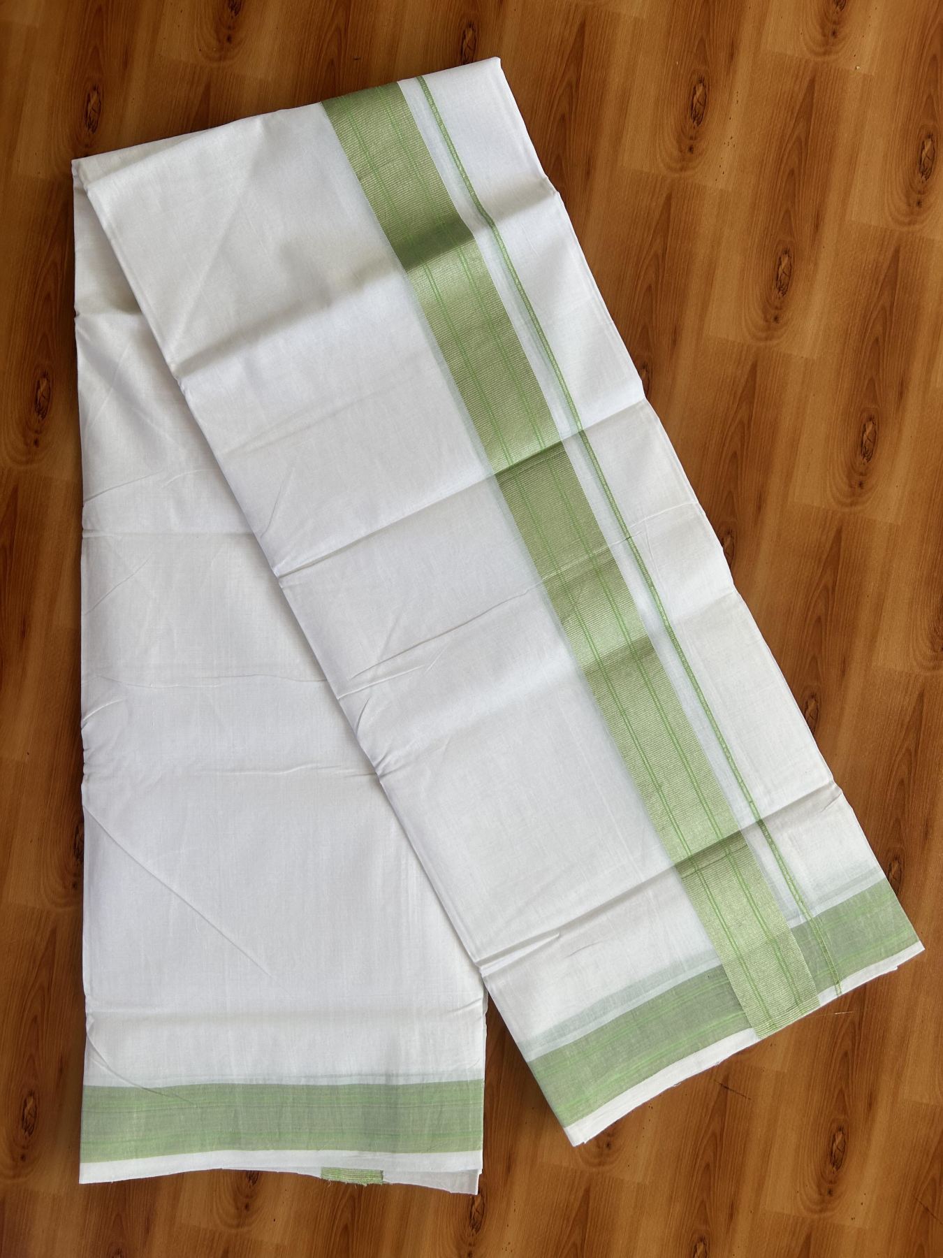 Double Pure White Mundu/Dhoti- 25% Discount ! KaithariKada Handloom Unakkupaavu - Kerala Handloom - 100% Pure Cotton - 2/120x80 - 2 Inch Silver Kasav Shaded & Pista Green Striped Kara 4 mtr (8.5 Muzham) - 35 KK5438 YAR