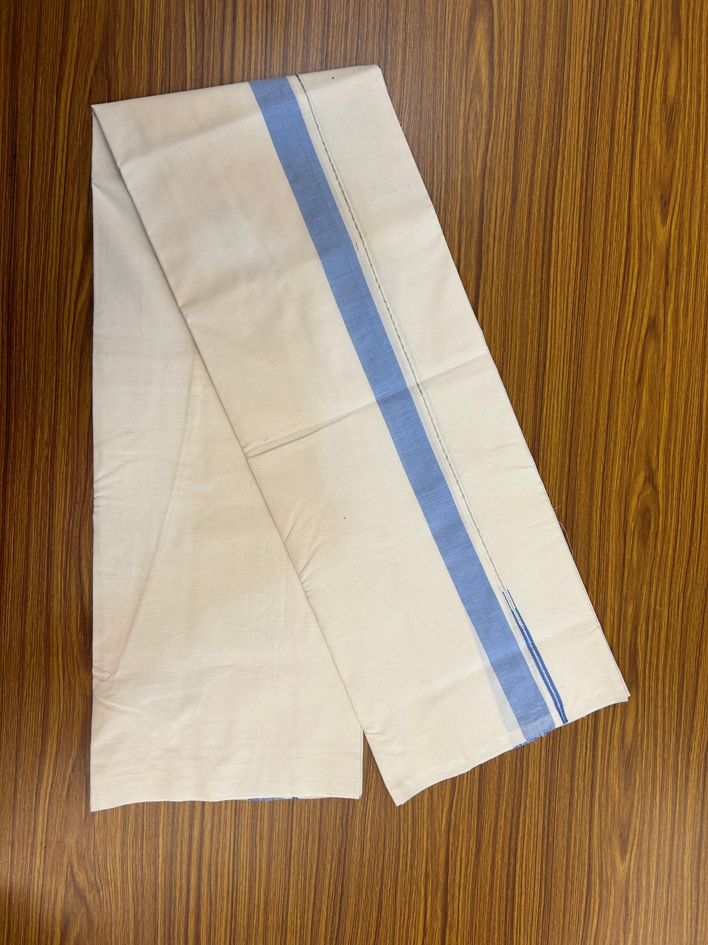 20% Discount!! KaithariKada Balaramapuram 100% Cotton Single Off White - (Unbleached) Mundu/Dhoti - Twisted 100s Thread - 1.25 inch Puliyilakkara Silver Kasav & Blue Chutty Kara(2 meter / 4 muzham) - 5 KK5378 ASH