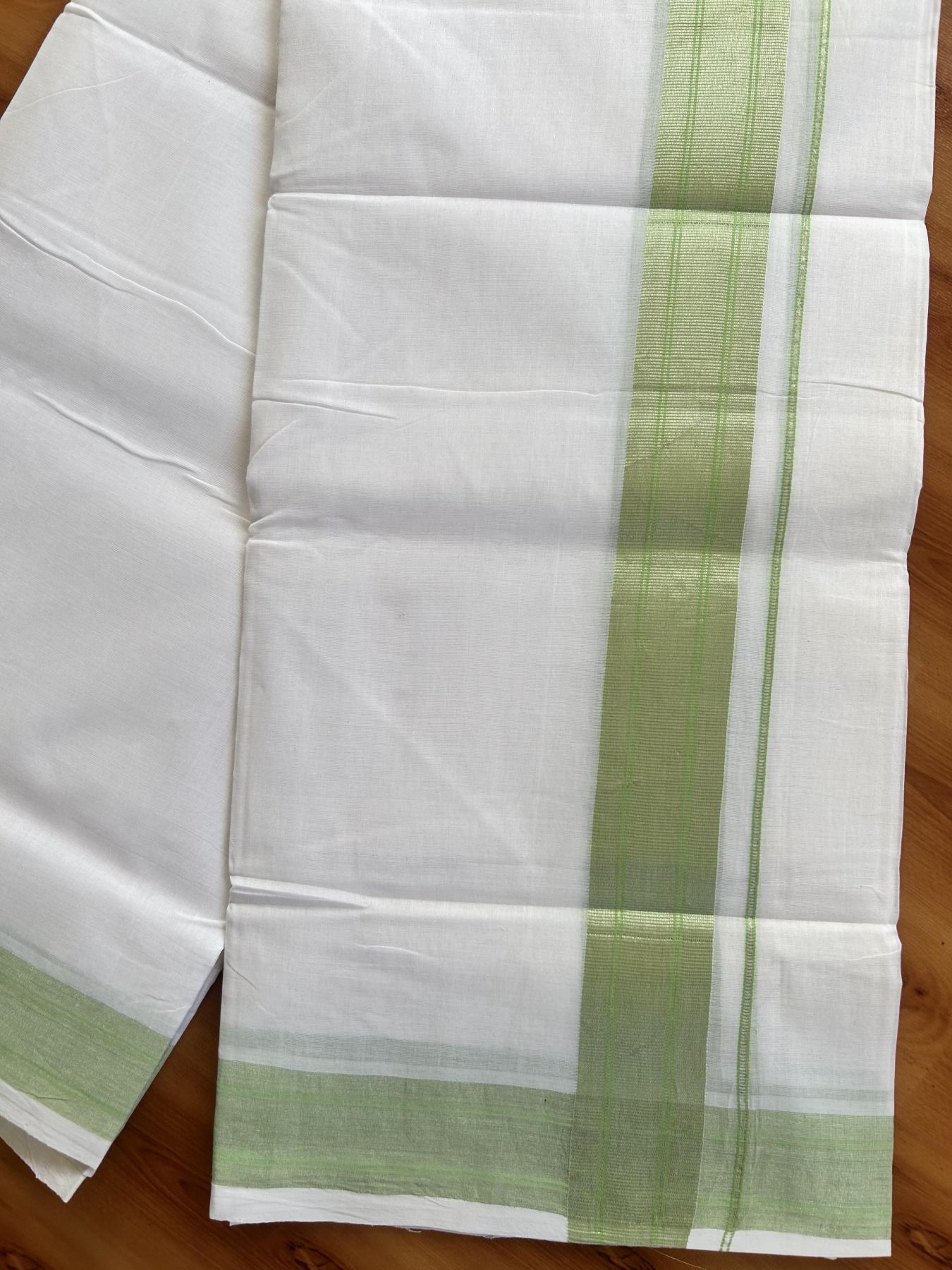 Double Pure White Mundu/Dhoti- 25% Discount ! KaithariKada Handloom Unakkupaavu - Kerala Handloom - 100% Pure Cotton - 2/120x80 - 2 Inch Silver Kasav Shaded & Pista Green Striped Kara 4 mtr (8.5 Muzham) - 35 KK5438 YAR