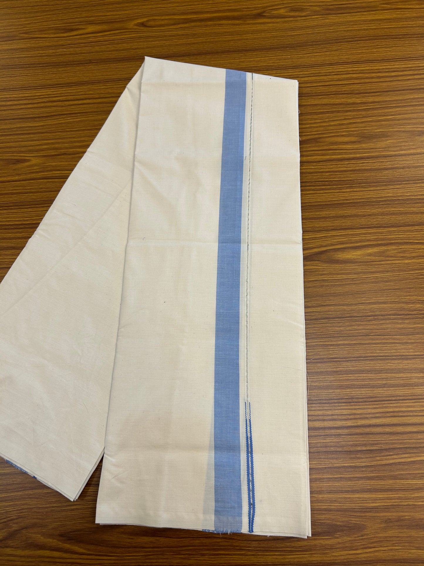 20% Discount!! KaithariKada Balaramapuram 100% Cotton Single Off White - (Unbleached) Mundu/Dhoti - Twisted 100s Thread - 1.25 inch Puliyilakkara Silver Kasav & Blue Chutty Kara(2 meter / 4 muzham) - 5 KK5378 ASH