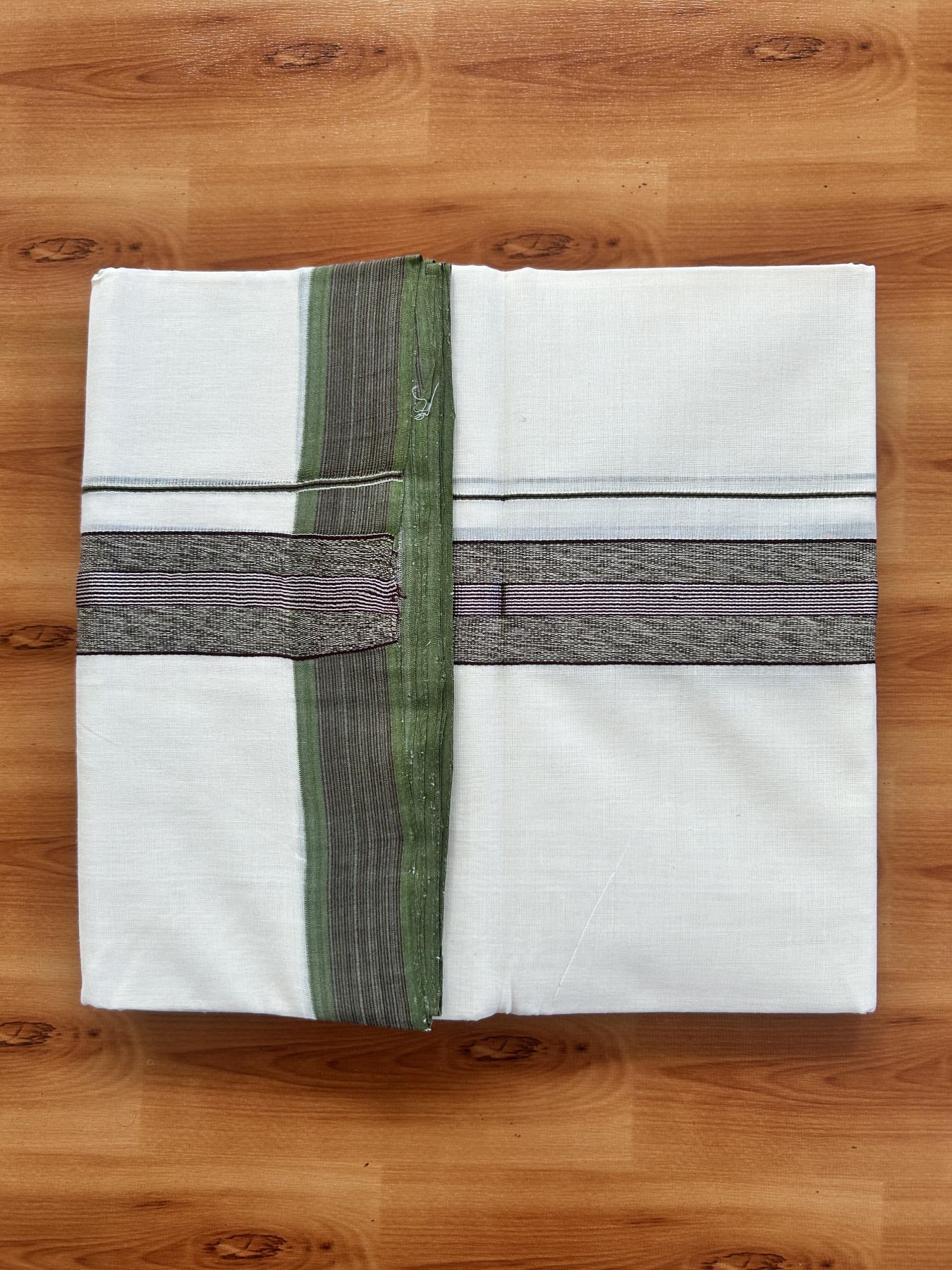Double Off White (Unbleached) Mundu/Dhoti - 25% Discount! KaithariKada Handloom Unakkupaav Kerala Handloom - Pure Cotton - 80x90 - 1.5 Inch Silver Kasav & Purple & Green Striped Kara 4 Mtr (8.5 Muzham) - 28 KK5438 YAR