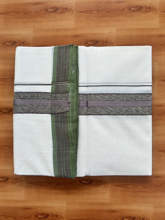 Double Off White (Unbleached) Mundu/Dhoti - 25% Discount! KaithariKada Handloom Unakkupaav Kerala Handloom - Pure Cotton - 80x90 - 1.5 Inch Silver Kasav & Purple & Green Striped Kara 4 Mtr (8.5 Muzham) - 28 KK5438 YAR