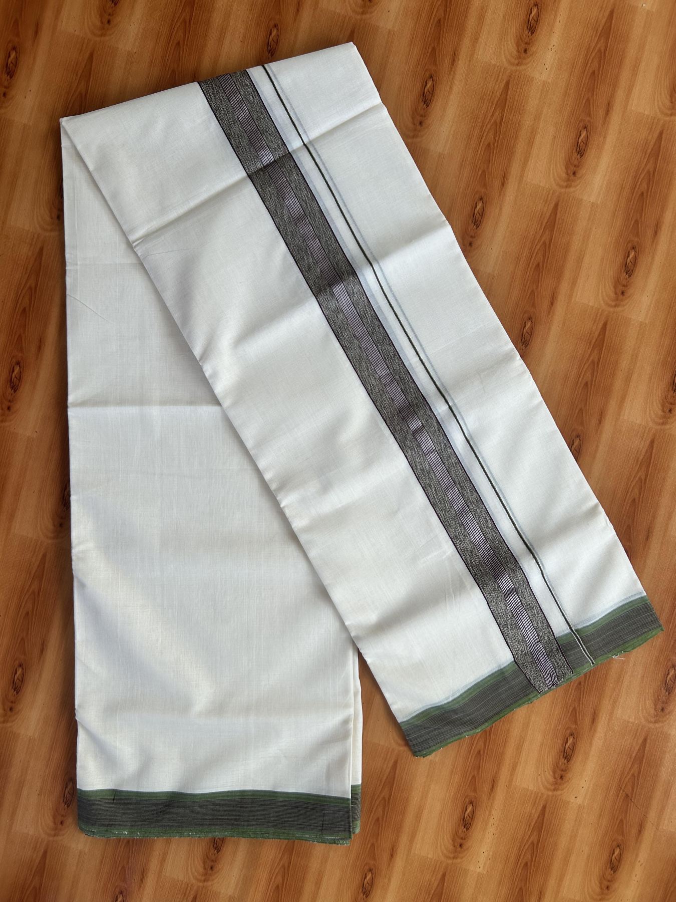 Double Off White (Unbleached) Mundu/Dhoti - 25% Discount! KaithariKada Handloom Unakkupaav Kerala Handloom - Pure Cotton - 80x90 - 1.5 Inch Silver Kasav & Purple & Green Striped Kara 4 Mtr (8.5 Muzham) - 28 KK5438 YAR