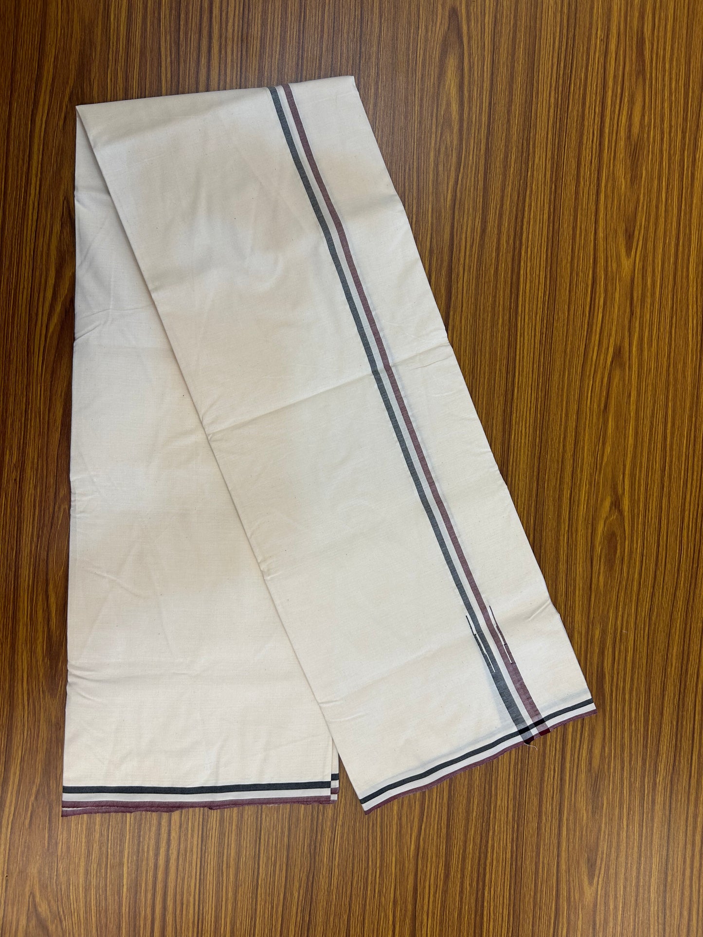 Admk Veshti - 20% Discount! KaithariKada 100% Cotton Off White Single - (Unbleached) Mundu/Dhoti - Twisted 100s Thread - 0.75 inch Black White & Maroon Chutty kara - 11 KK5378 ASH