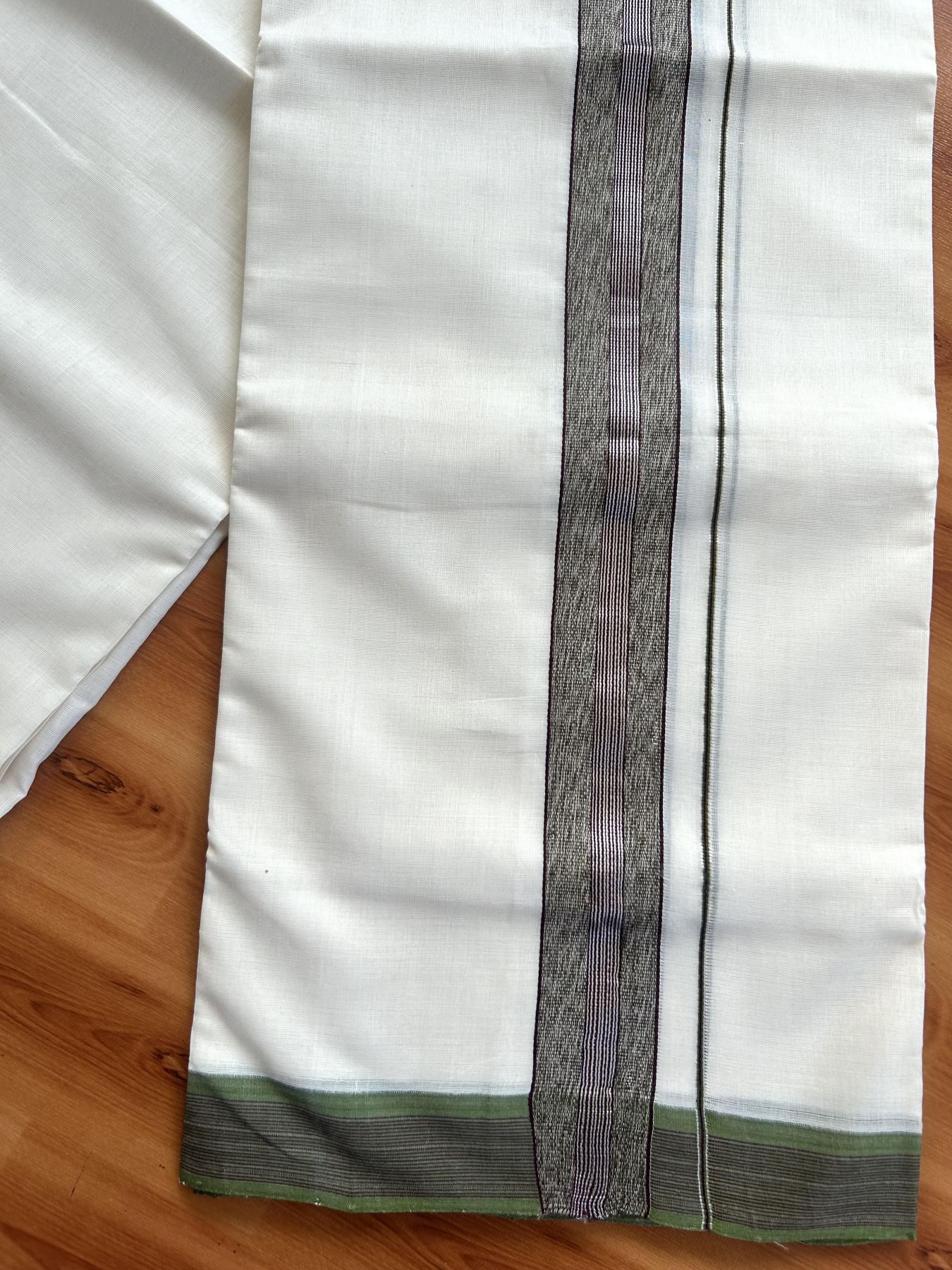 Double Off White (Unbleached) Mundu/Dhoti - 25% Discount! KaithariKada Handloom Unakkupaav Kerala Handloom - Pure Cotton - 80x90 - 1.5 Inch Silver Kasav & Purple & Green Striped Kara 4 Mtr (8.5 Muzham) - 28 KK5438 YAR
