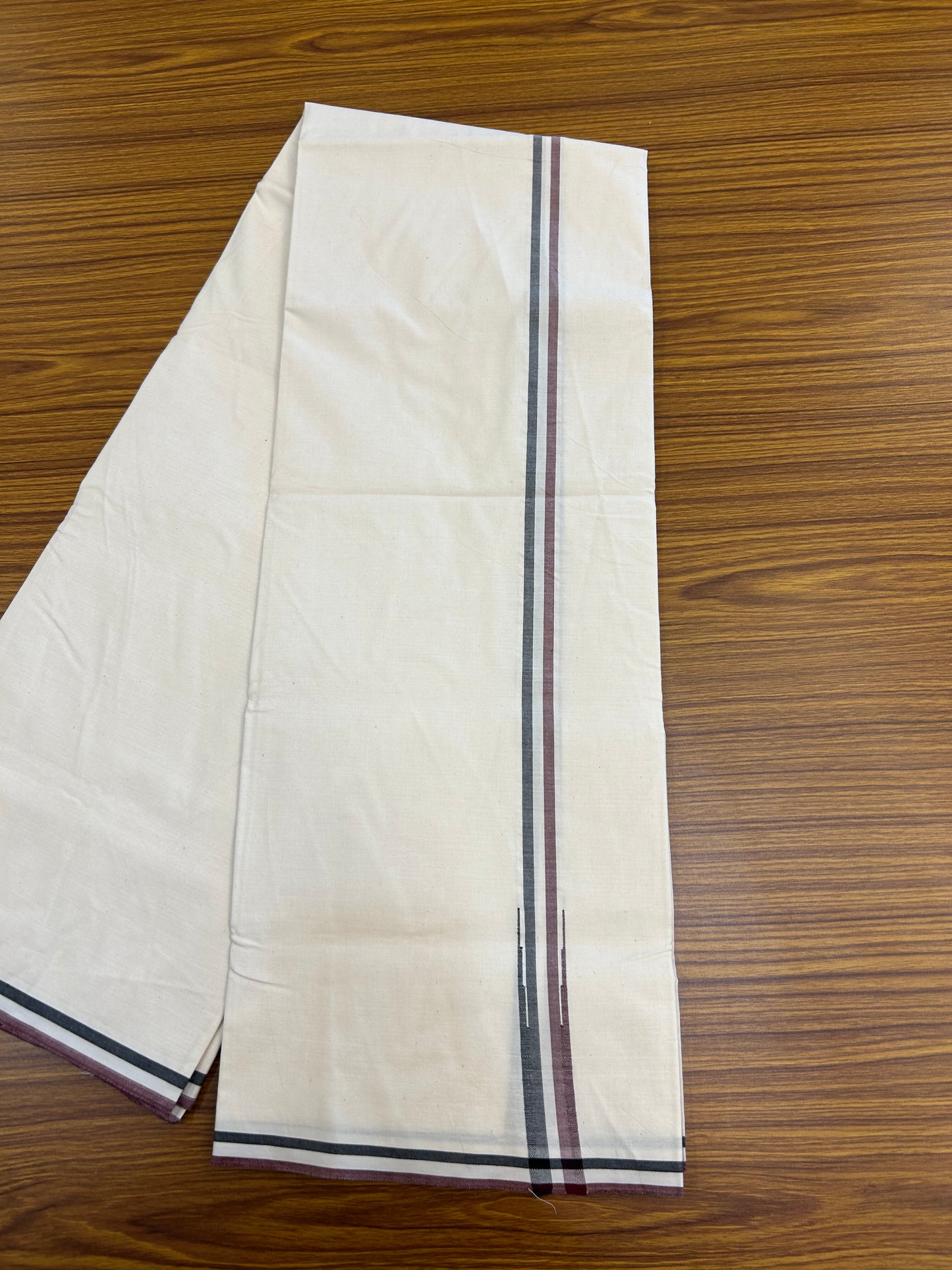 Admk Veshti - 20% Discount! KaithariKada 100% Cotton Off White Single - (Unbleached) Mundu/Dhoti - Twisted 100s Thread - 0.75 inch Black White & Maroon Chutty kara - 11 KK5378 ASH
