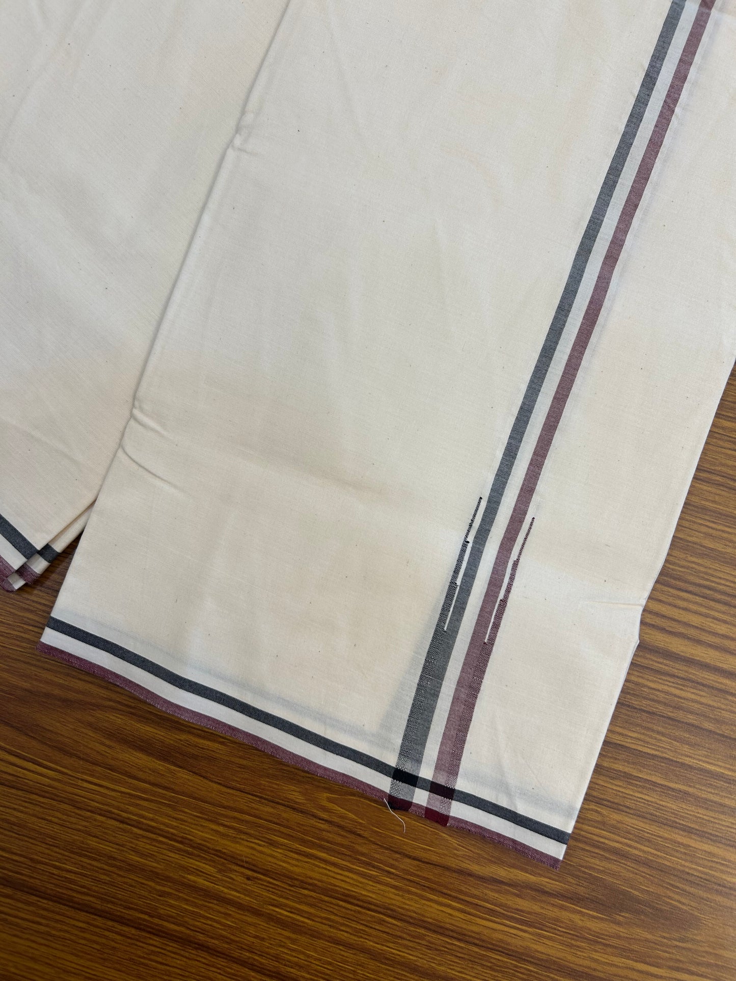 Admk Veshti - 20% Discount! KaithariKada 100% Cotton Off White Single - (Unbleached) Mundu/Dhoti - Twisted 100s Thread - 0.75 inch Black White & Maroon Chutty kara - 11 KK5378 ASH
