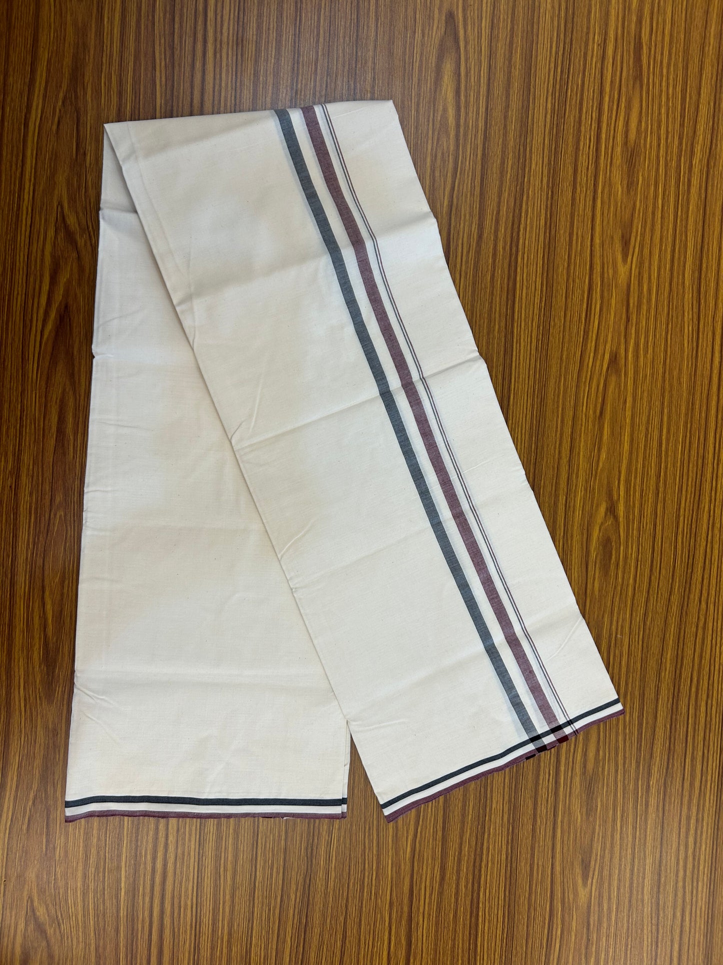 Admk Veshti - 20% Discount KaithariKada 100% Cotton Off White Single - (Unbleached) Mundu/Dhoti - Twisted 100s Thread - 1.5 inch Black White & Maroon Shaded kara - 13 KK5378 ASH