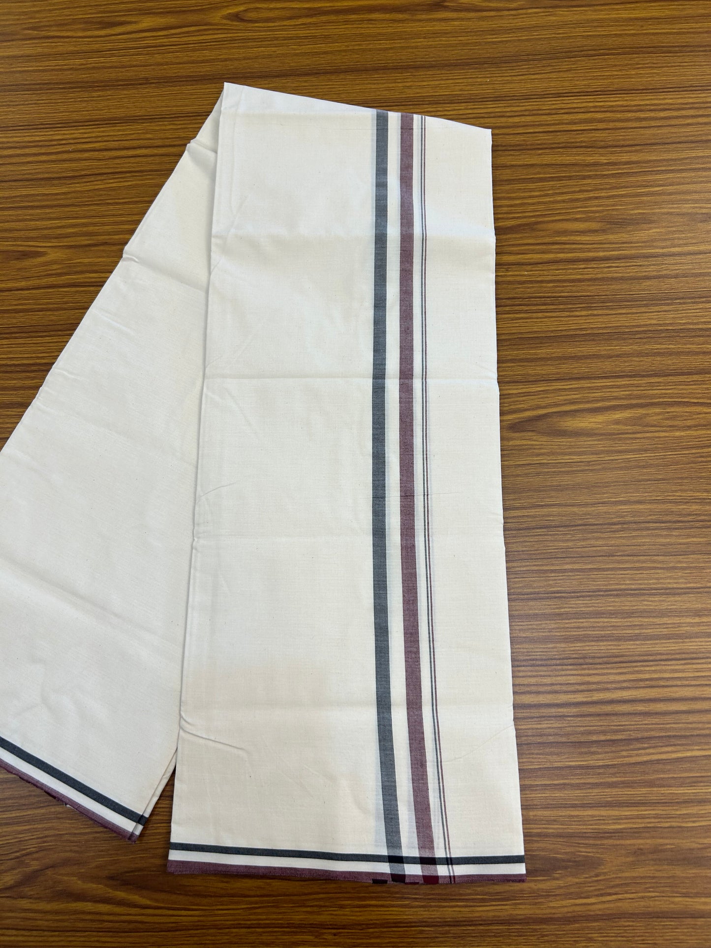 Admk Veshti - 20% Discount KaithariKada 100% Cotton Off White Single - (Unbleached) Mundu/Dhoti - Twisted 100s Thread - 1.5 inch Black White & Maroon Shaded kara - 13 KK5378 ASH