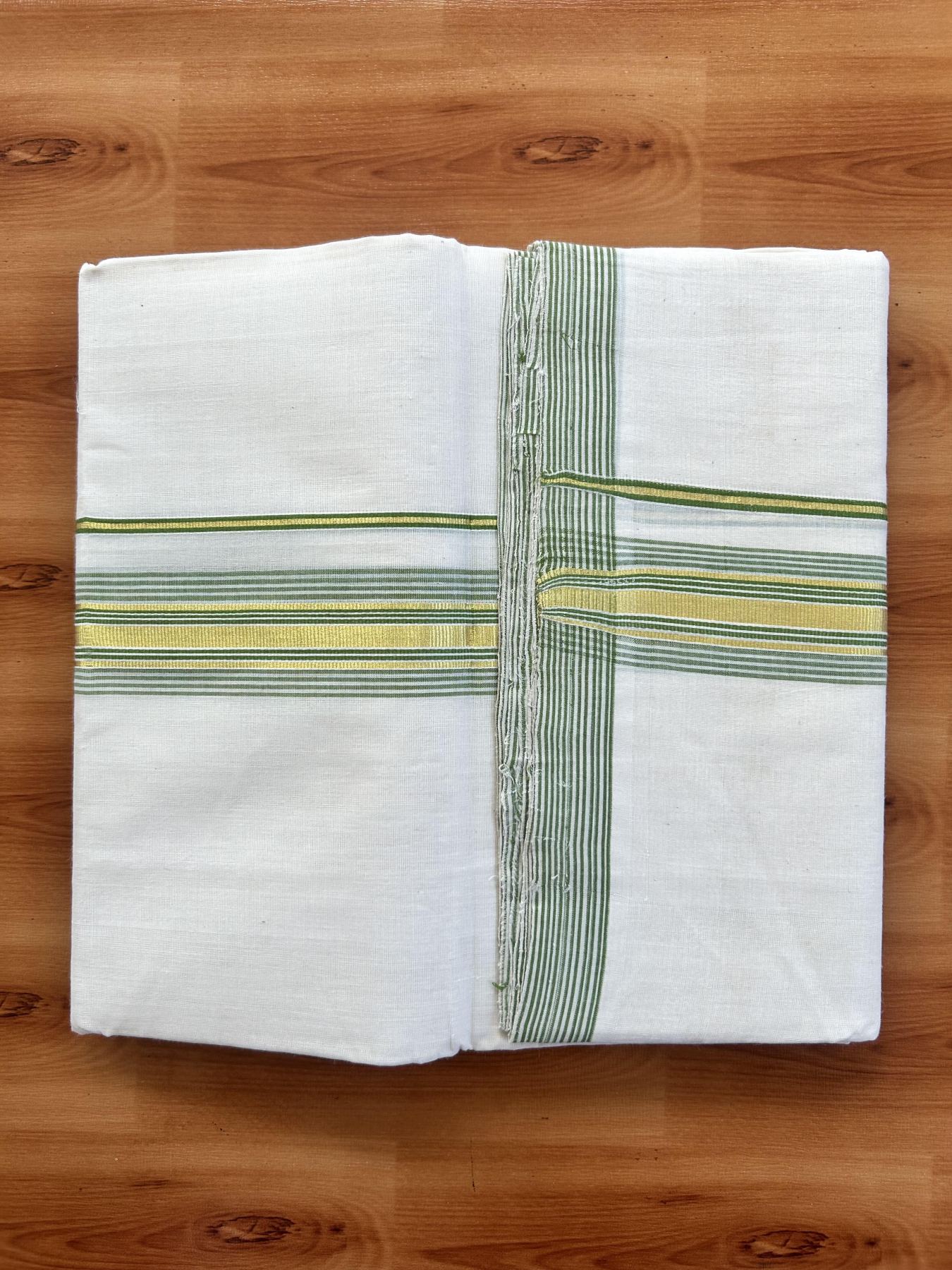 Double Off White (Unbleached) Mundu/Dhoti -  25% Discount! KaithariKada Kerala Handloom Unakkupaav - 100% Pure Cotton - 80x90 - 1.5 inch Gold Kasav & Parrot Green Striped Kara 4 mtr (8.5 Muzham) - 34 KK5438 YAR