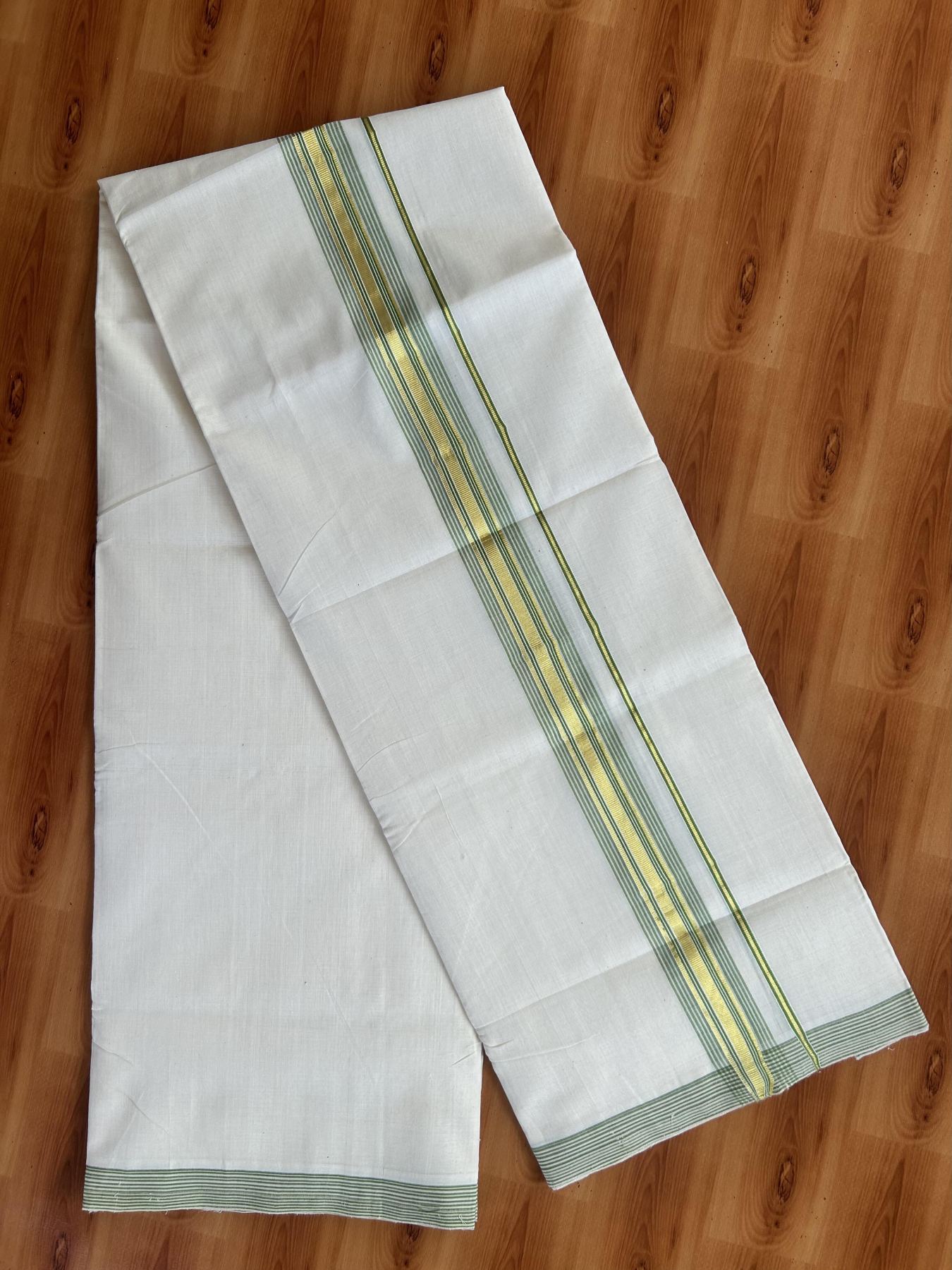 Double Off White (Unbleached) Mundu/Dhoti -  25% Discount! KaithariKada Kerala Handloom Unakkupaav - 100% Pure Cotton - 80x90 - 1.5 inch Gold Kasav & Parrot Green Striped Kara 4 mtr (8.5 Muzham) - 34 KK5438 YAR