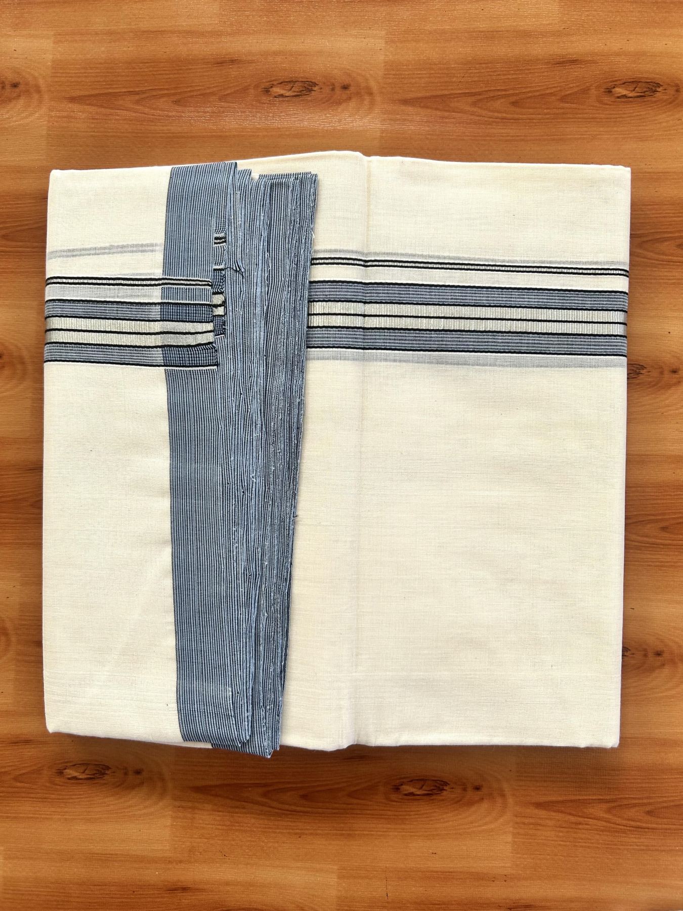 Double Off White (Unbleached) Mundu/Dhoti - 25% Discount! KaithariKada Handloom Unakkupaav Kerala Handloom - Pure Cotton - 80x90 - 1.25 Inch Silver Kasav & Black & Ash Blue Striped Kara 4.50 Mtr (10 Muzham) - 32 KK5438 YAR