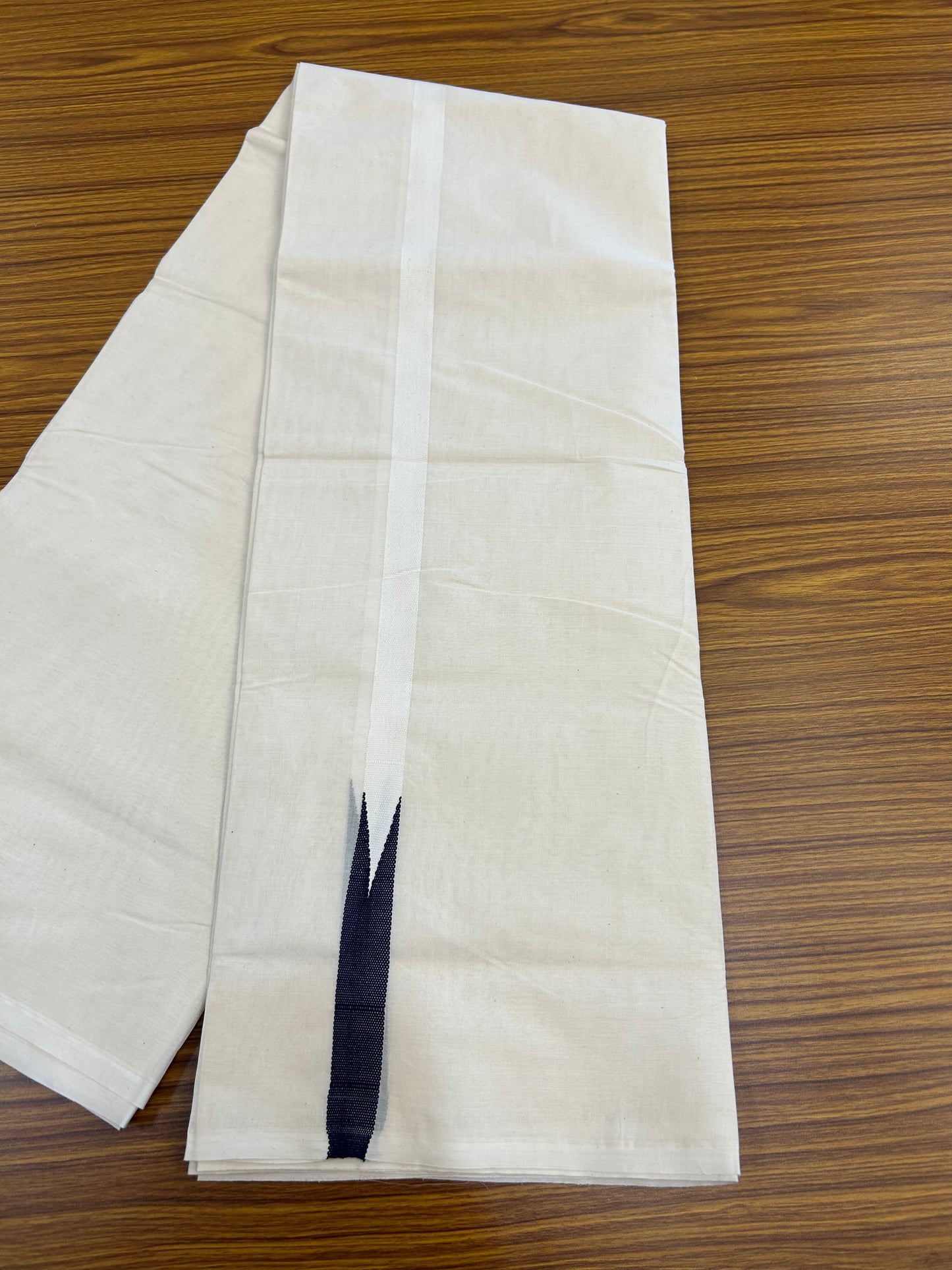 20% Discount!! KaithariKada Balaramapuram 100% Cotton Off White Double - (Unbleached) Mundu/Dhoti- 100x100 - 0.75 Inch Puliyilakkara Navy Blue Chutty Kara - 4 mtr (8.5 muzham) - 6 KK5378 ASH
