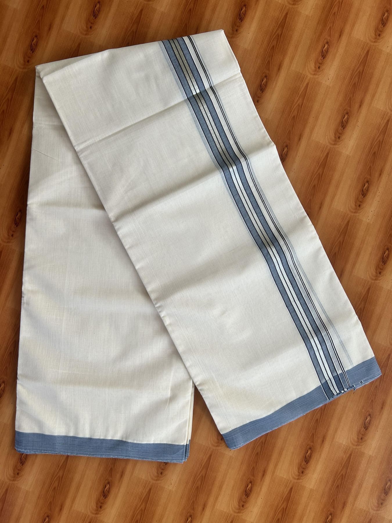 Double Off White (Unbleached) Mundu/Dhoti - 25% Discount! KaithariKada Handloom Unakkupaav Kerala Handloom - Pure Cotton - 80x90 - 1.25 Inch Silver Kasav & Black & Ash Blue Striped Kara 4.50 Mtr (10 Muzham) - 32 KK5438 YAR
