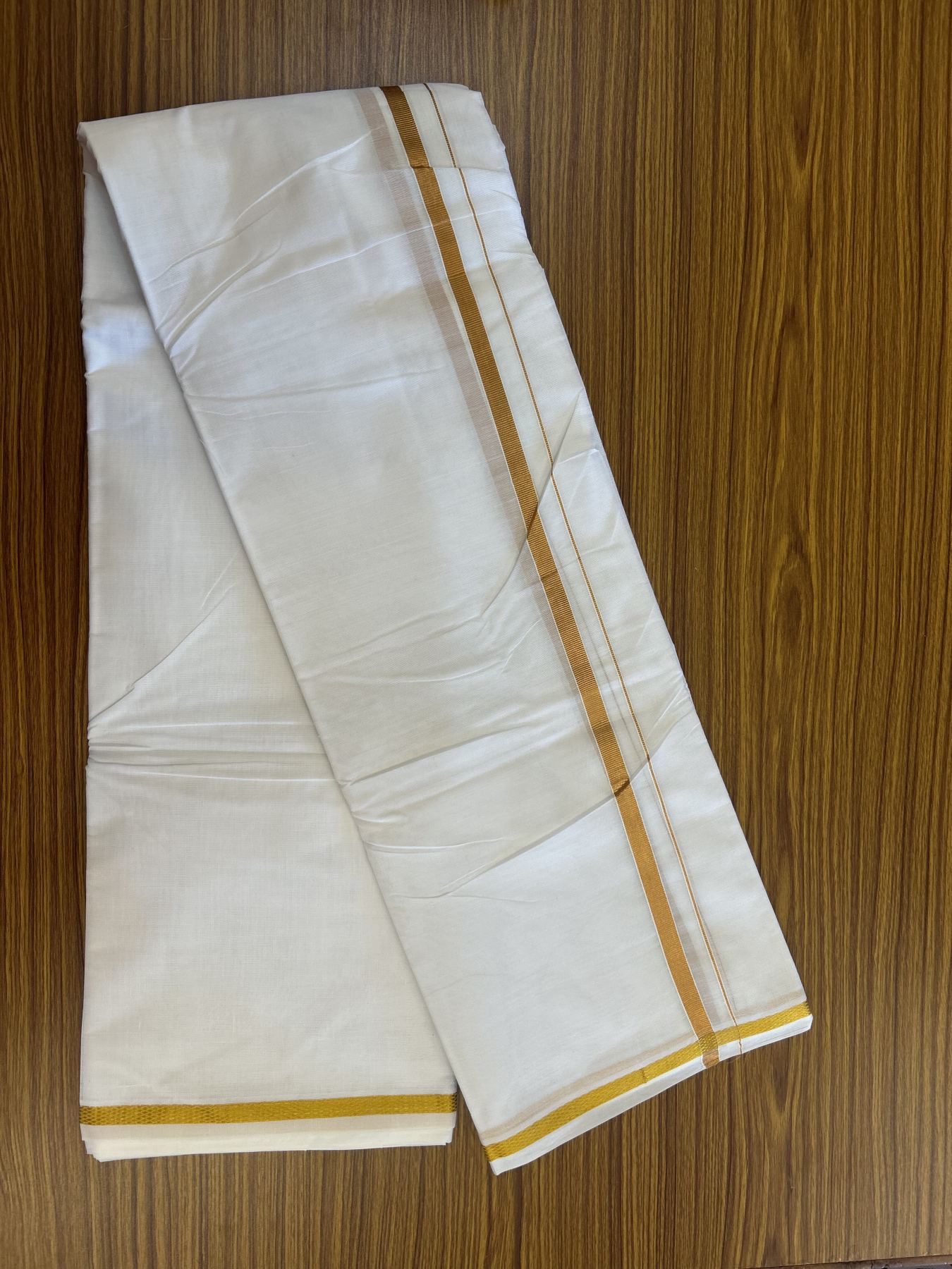 Panchakacham Dhoti - 20% Discount! Kaitharikada Balaramapuram Mixed Cotton Pure White - 80X90 thread - North Iindian  Attached Gamcha - 9X5 Dhoti - 0.5 inch Gold Kasav border - 61 KK8305 PMC