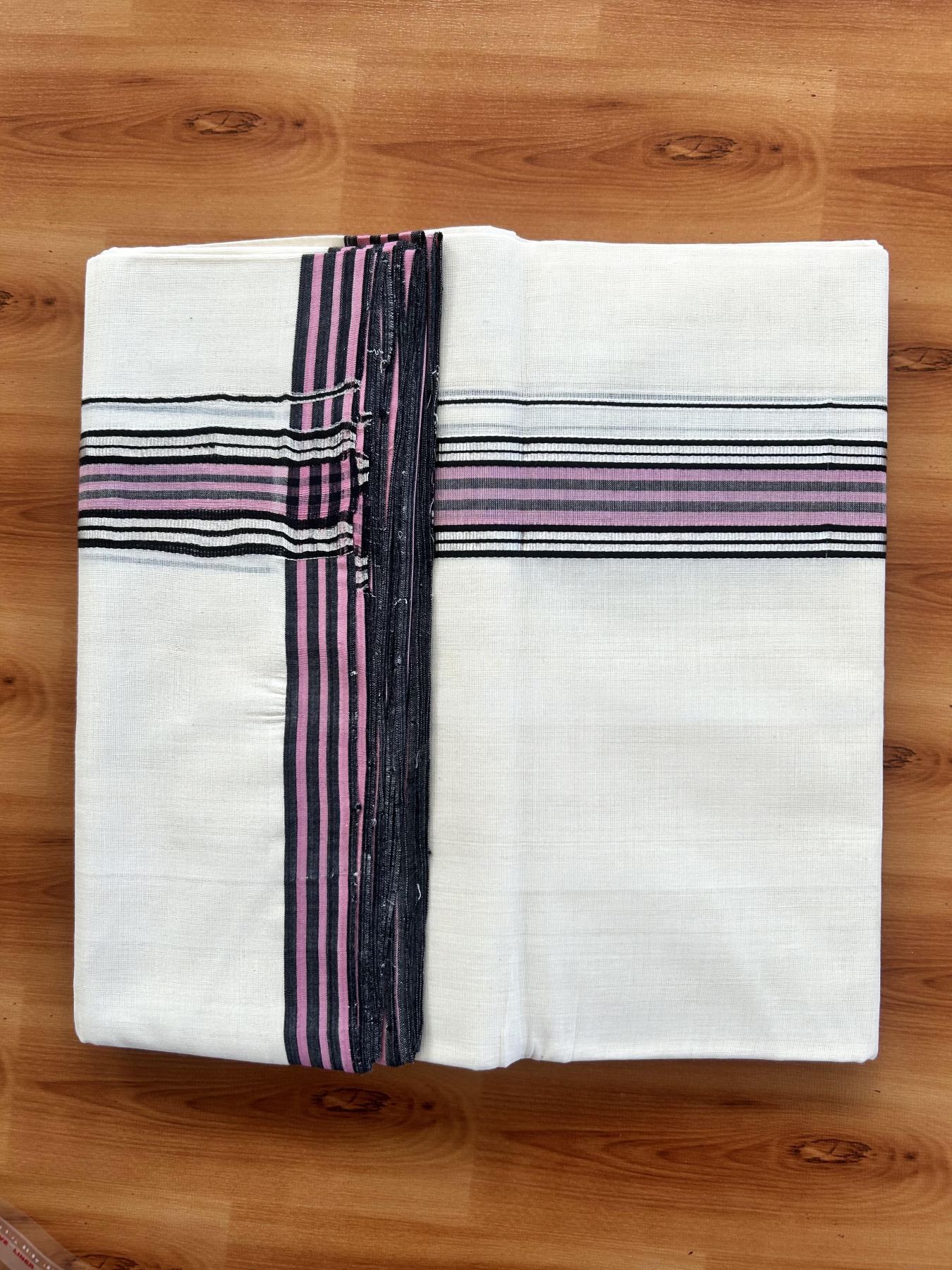 Double Off White (Unbleached) Mundu/Dhoti - 25% Discount! KaithariKada Handloom Unakkupaav Kerala Handloom - Pure Cotton - 80x90 - 1.25 Inch Silver Kasav & Black & Pink Striped Kara 4.50 Mtr (10 Muzham) - 31 KK5438 YAR
