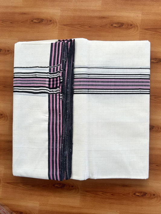 Double Off White (Unbleached) Mundu/Dhoti - 25% Discount! KaithariKada Handloom  Millpaav Kerala Handloom - Pure Cotton - 80x90 - 1.25 Inch Silver Kasav & Black & Pink Striped Kara 4.50 Mtr (10 Muzham) - 31 KK5438 YAR