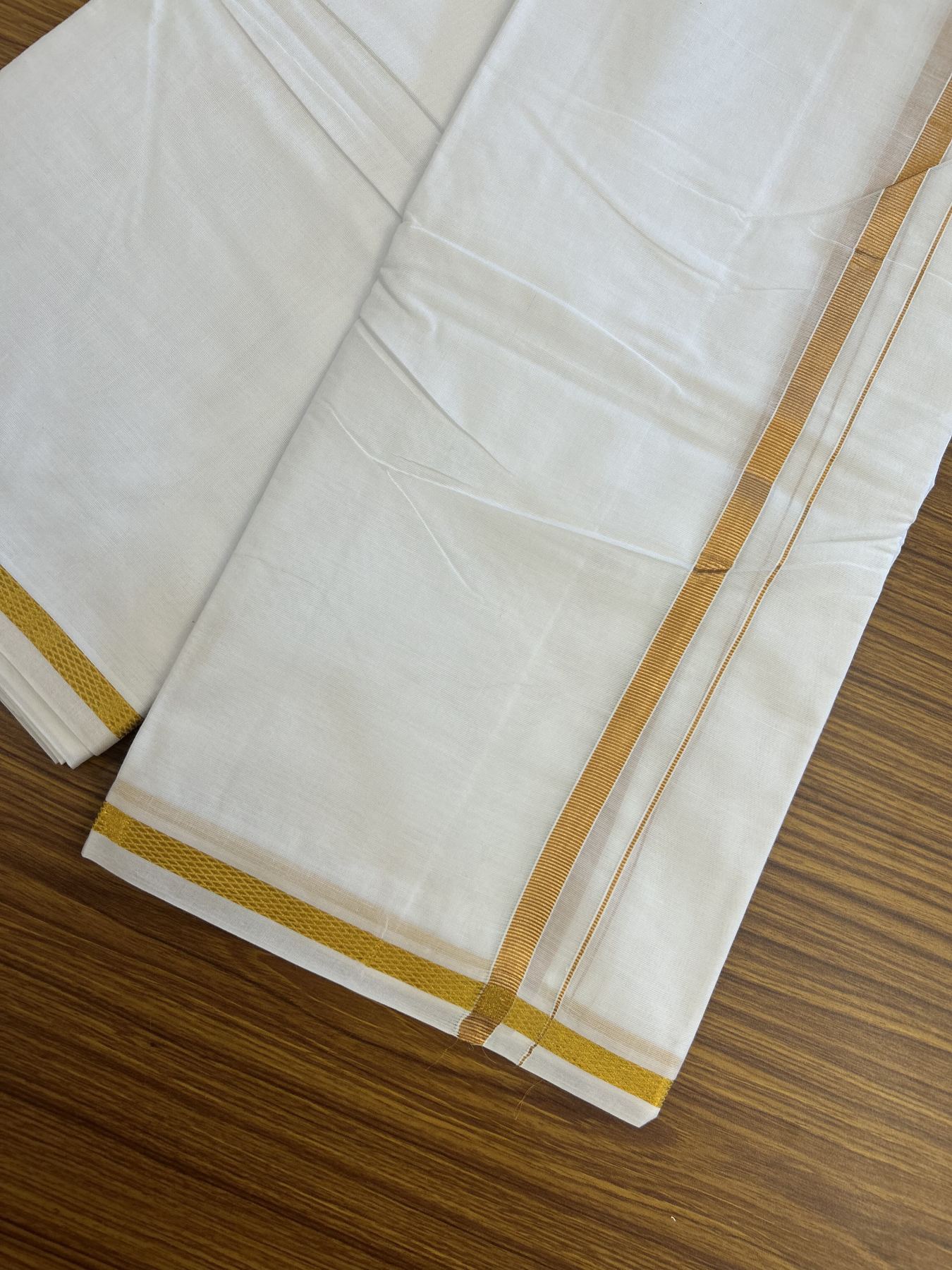 Panchakacham Dhoti - 20% Discount! Kaitharikada Balaramapuram Mixed Cotton Pure White - 80X90 thread - North Iindian  Attached Gamcha - 9X5 Dhoti - 0.5 inch Gold Kasav border - 61 KK8305 PMC