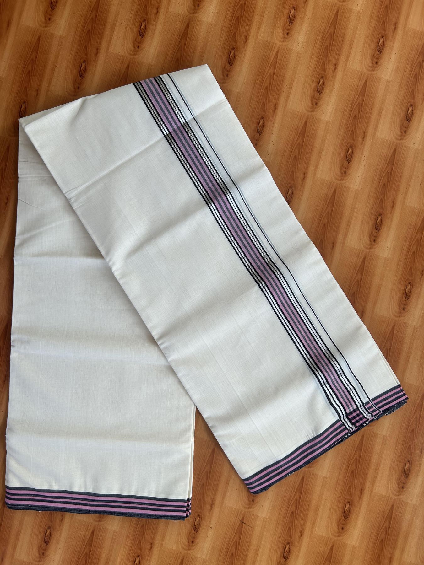 Double Off White (Unbleached) Mundu/Dhoti - 25% Discount! KaithariKada Handloom Unakkupaav Kerala Handloom - Pure Cotton - 80x90 - 1.25 Inch Silver Kasav & Black & Pink Striped Kara 4.50 Mtr (10 Muzham) - 31 KK5438 YAR