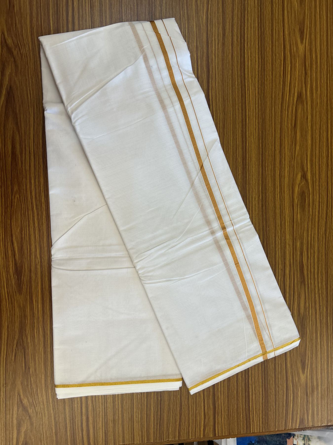 Panchakacham Dhoti - 20% Discount! Kaitharikada Balaramapuram Mixed Cotton Pure White - 80X90 thread - North Iindian  Attached Gamcha - 9X5 Dhoti - 0.25 inch Gold Kasav border - 60 KK8305 PMC